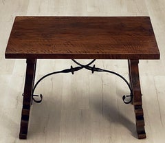 Spanish Low Table of Walnut with Wrought Iron Supports