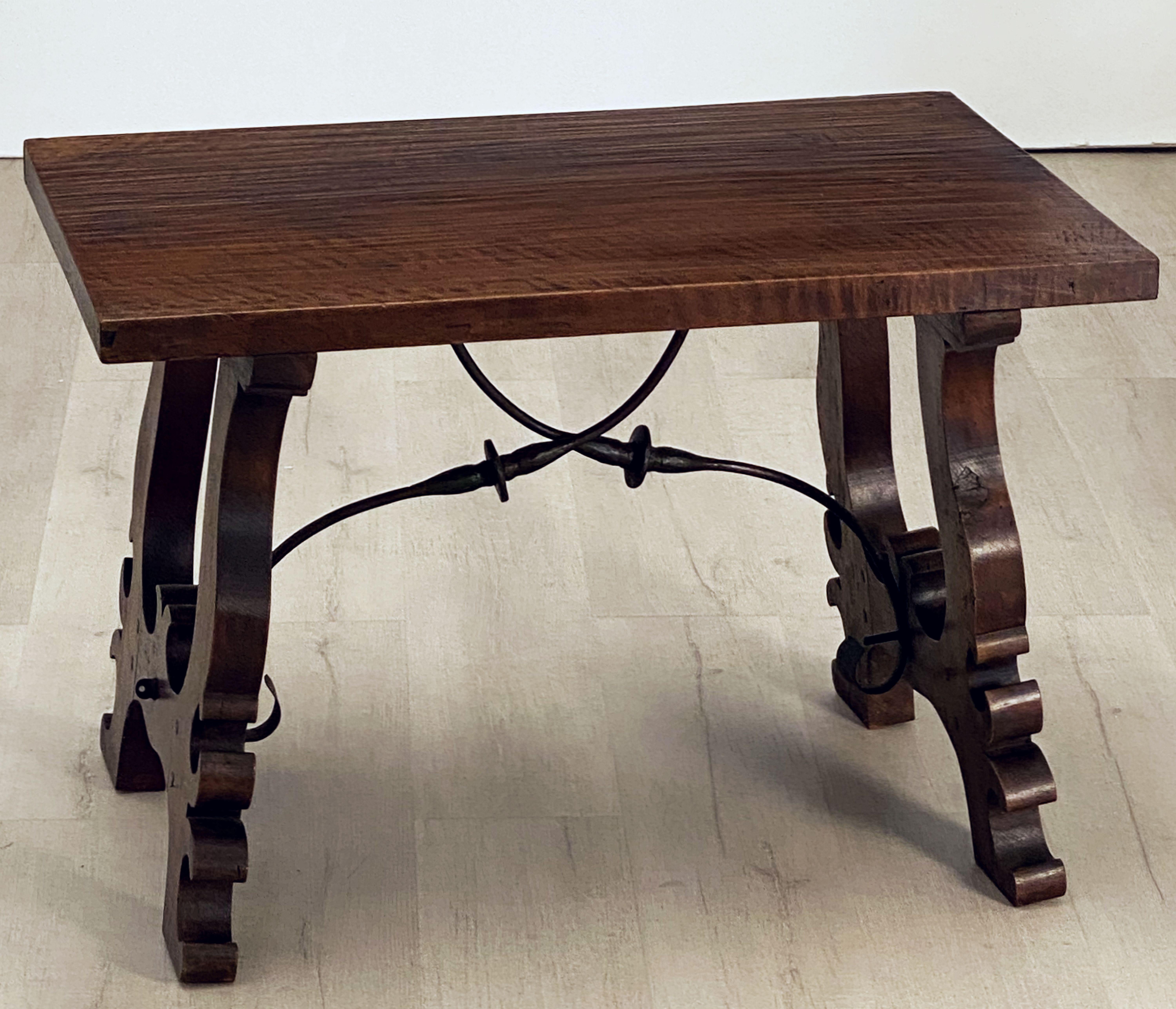 Rustic Spanish Low Table of Walnut with Wrought Iron Supports