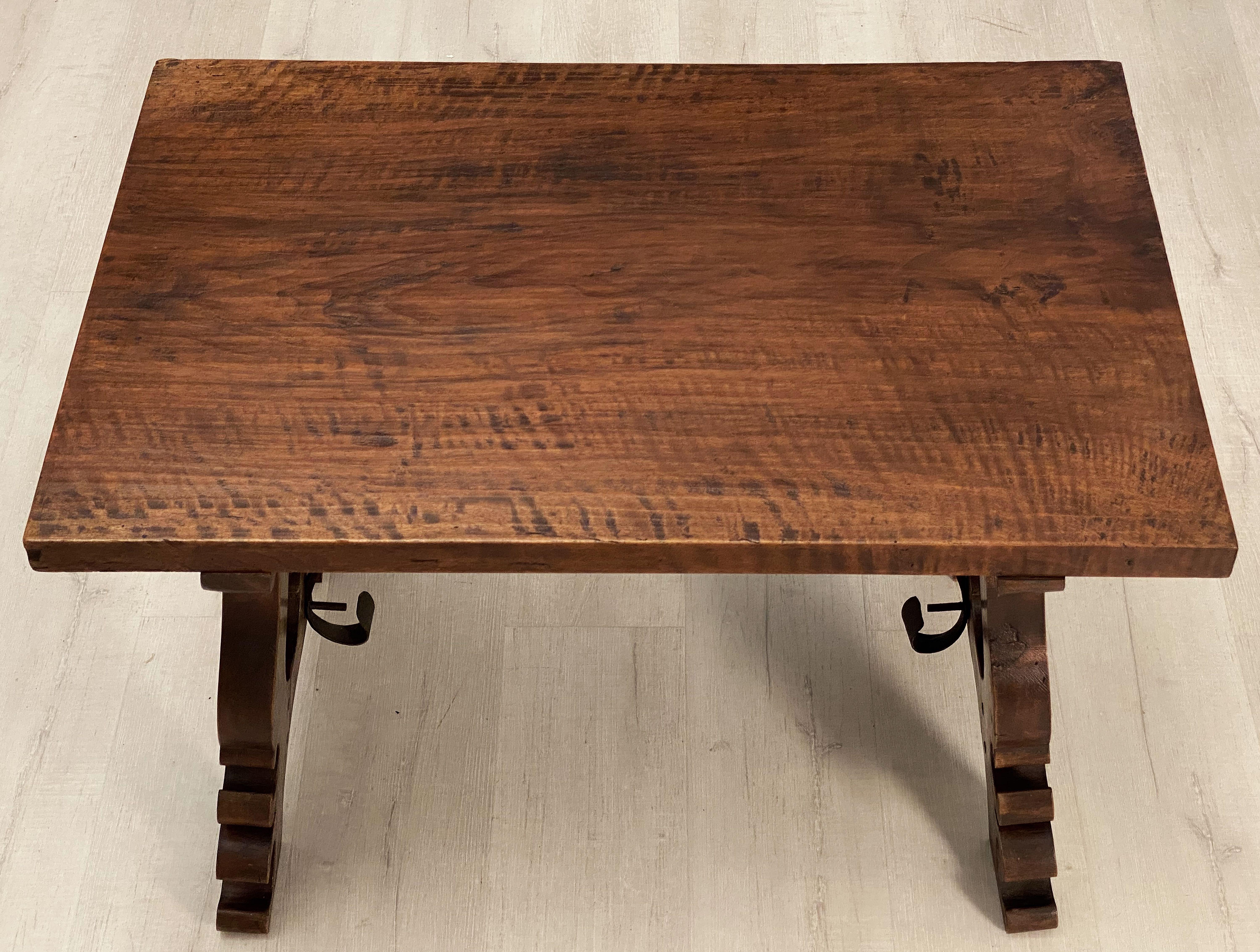 Spanish Low Table of Walnut with Wrought Iron Supports In Good Condition In Austin, TX