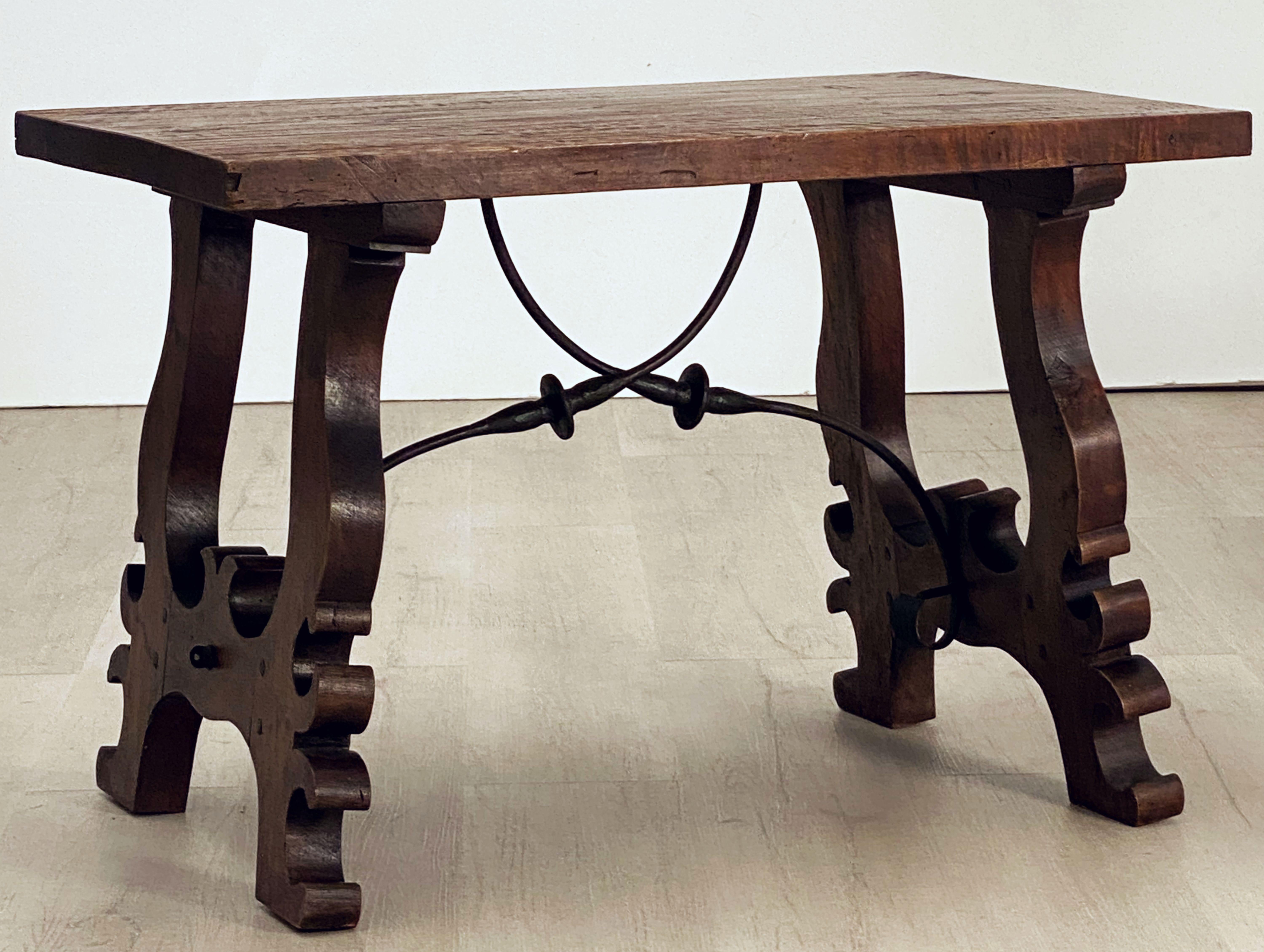 Metal Spanish Low Table of Walnut with Wrought Iron Supports