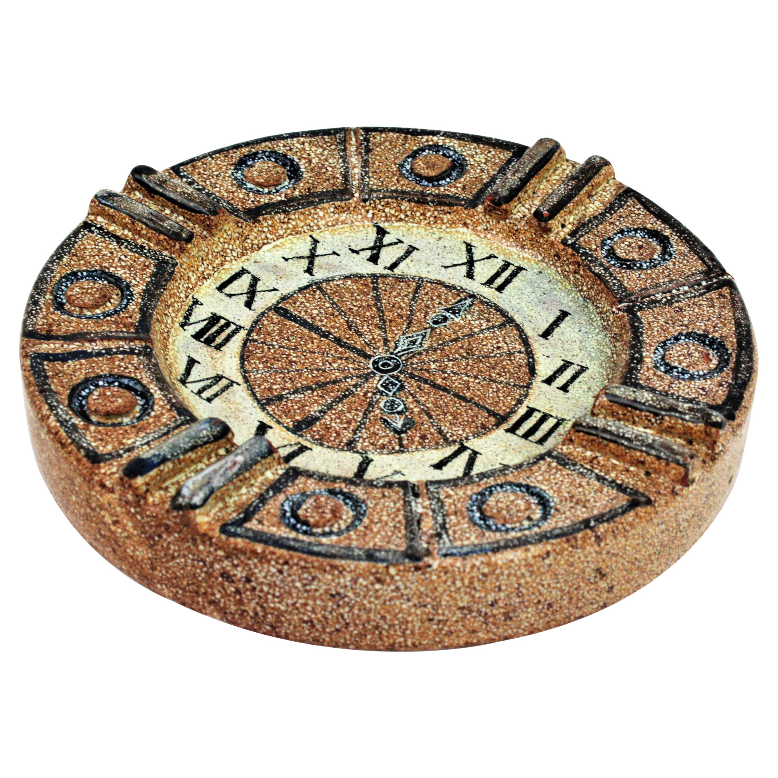 Spanish Majolica Ceramic Ashtray / Vide-Poche, Clock Design, 1960s