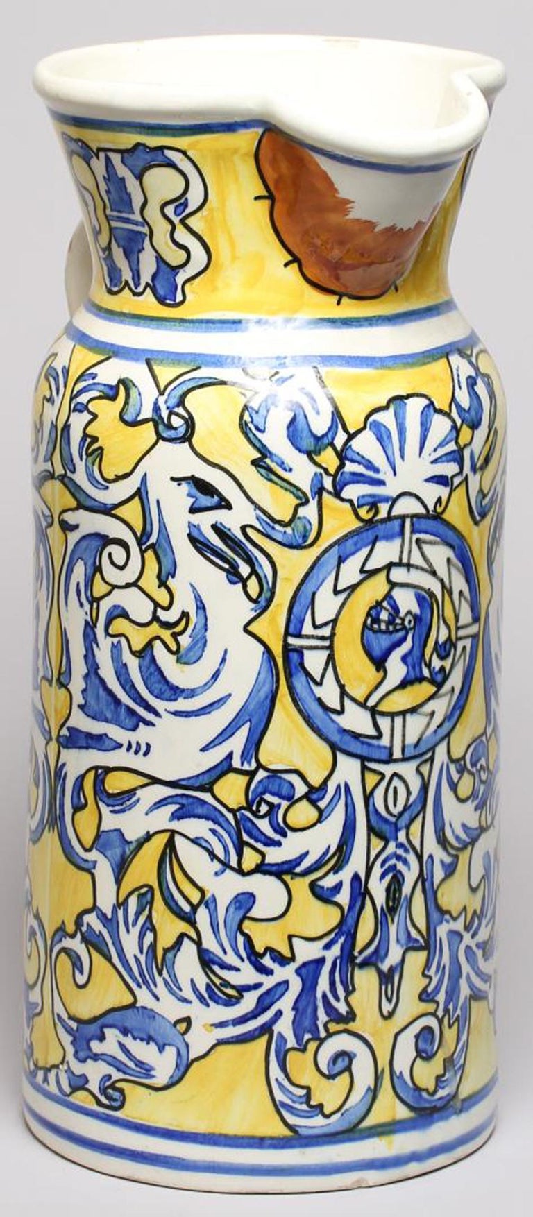 Spanish Majolica Jug or Floor Vase in Blue and Yellow For Sale at