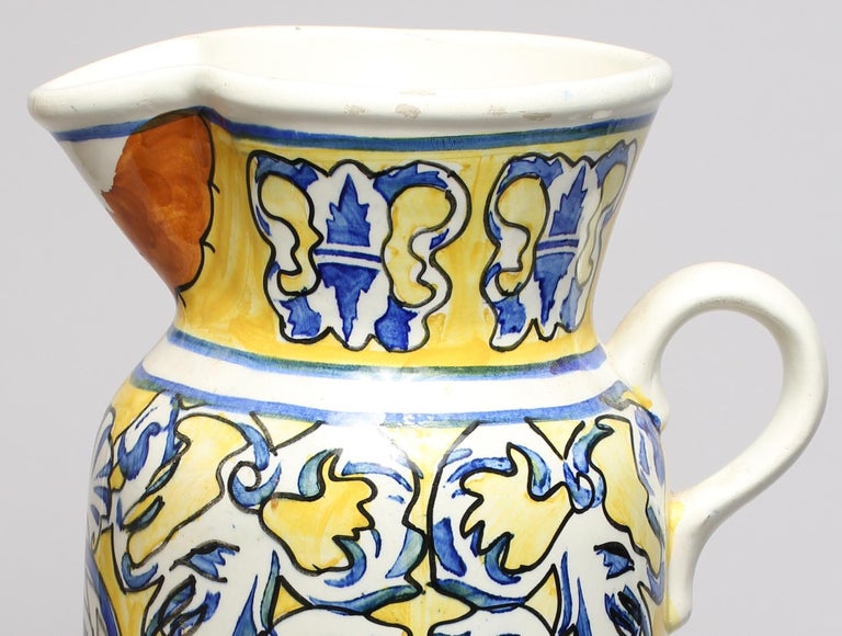 Spanish Majolica Jug or Floor Vase in Blue and Yellow For Sale at