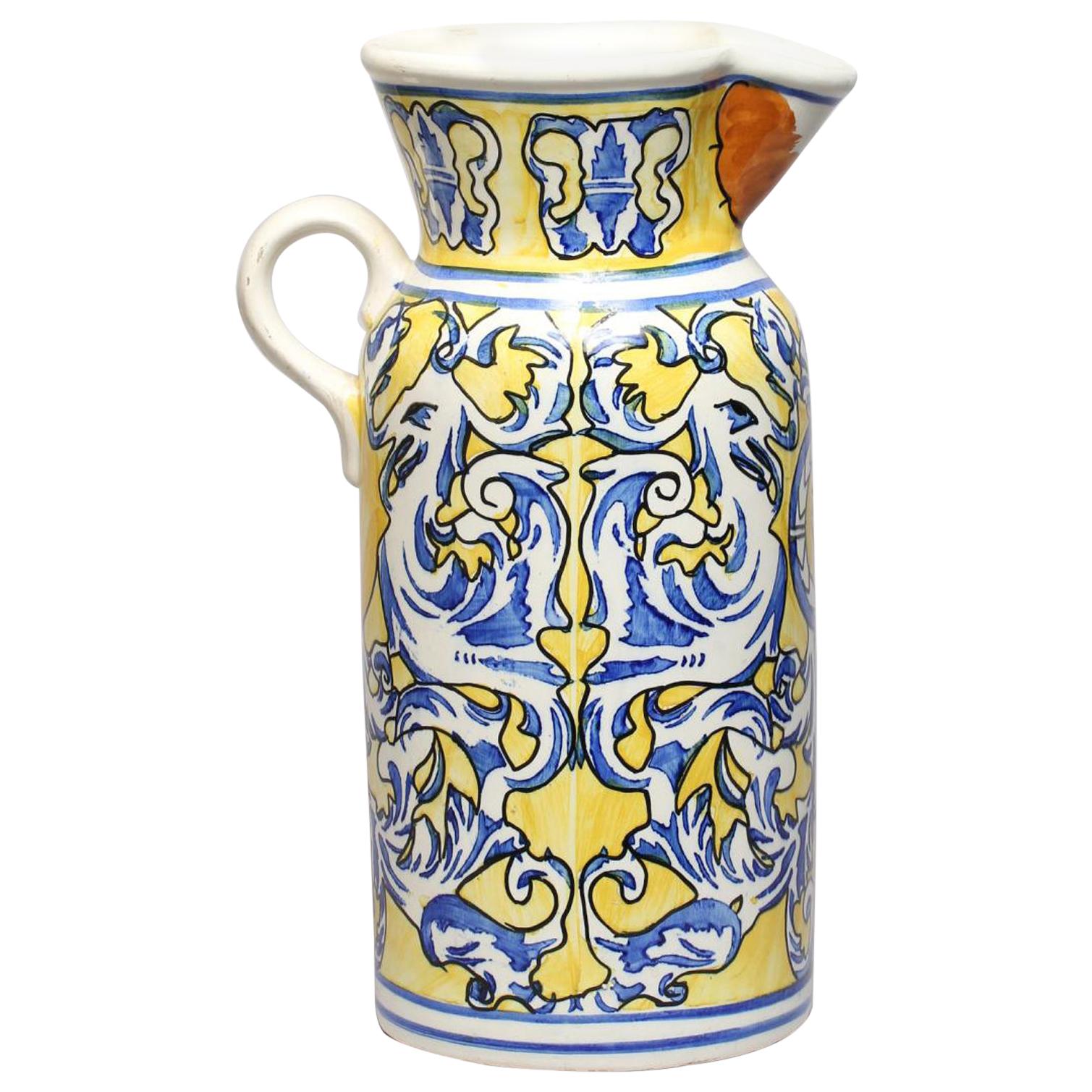 Spanish Majolica Jug or Floor Vase in Blue and Yellow For Sale