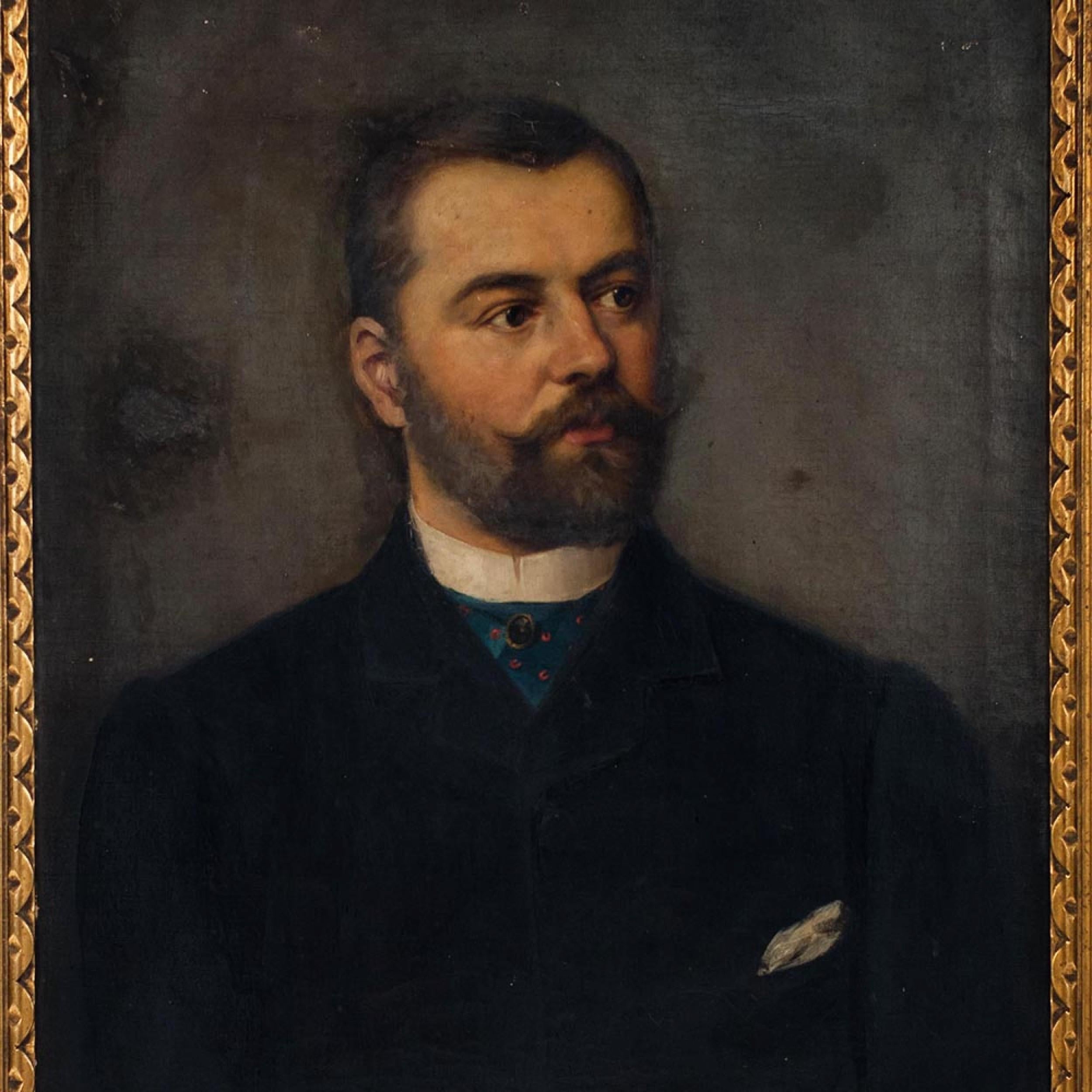 Spanish (19th Cent.) oil painting portrait of a man in gilt scroll carved frame ((matching woman: Inv. #052012)
