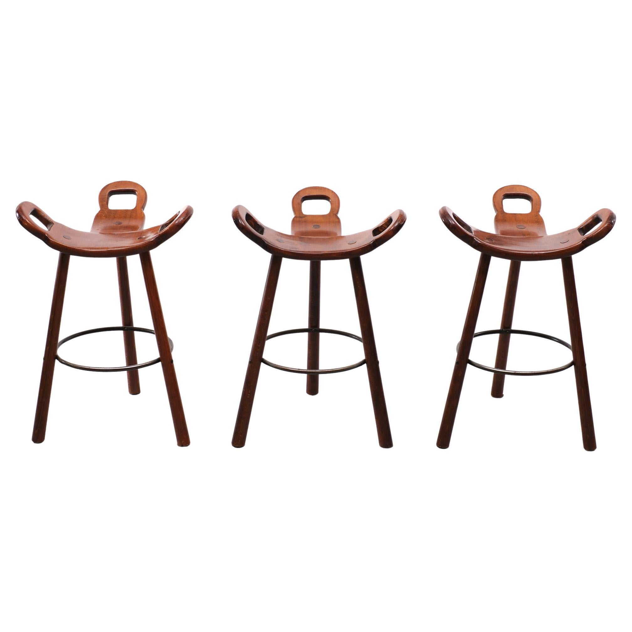 Midcentury Sergio Rodrigues Style Marbella Brutalist Oak Bar Stools