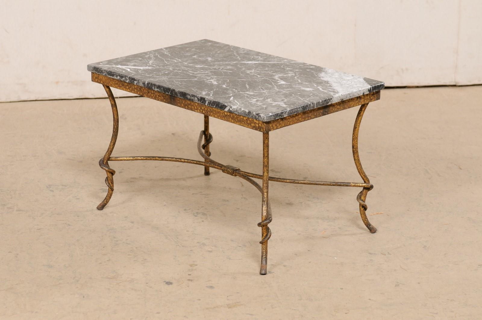 Spanish Marble-Top Rectangular Coffee Table w/Hammered Gold-Tone Iron Base For Sale 5