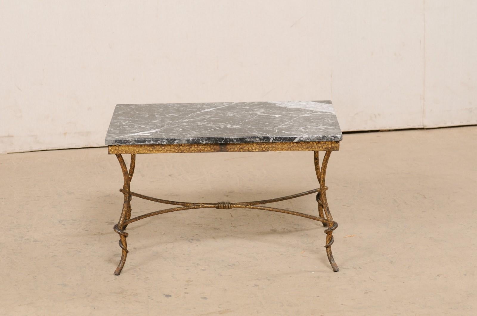 Spanish Marble-Top Rectangular Coffee Table w/Hammered Gold-Tone Iron Base For Sale 6
