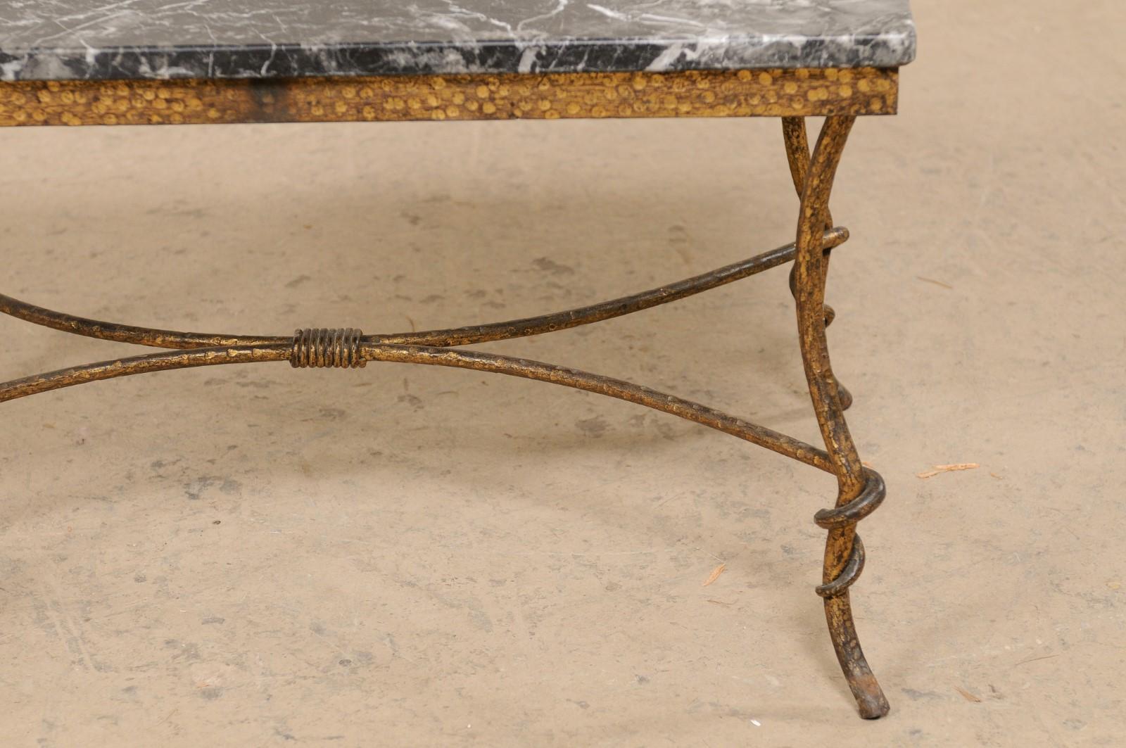 Spanish Marble-Top Rectangular Coffee Table w/Hammered Gold-Tone Iron Base 6