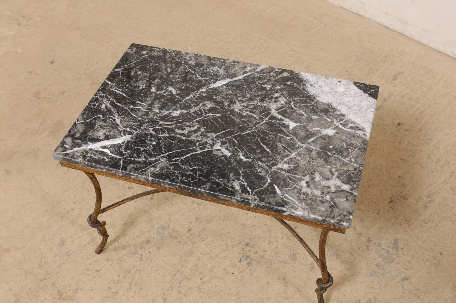 European Spanish Marble-Top Rectangular Coffee Table w/Hammered Gold-Tone Iron Base For Sale