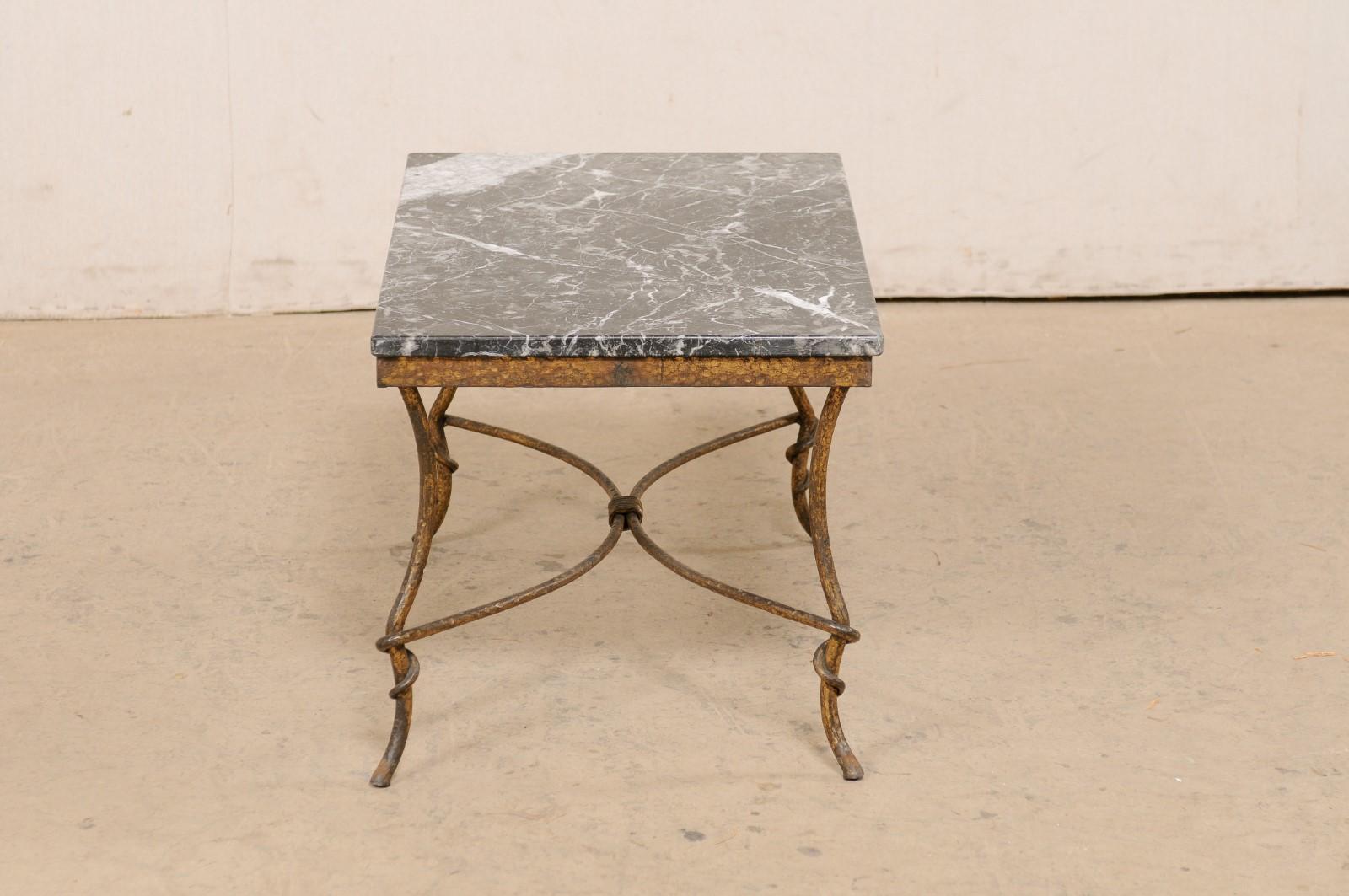 20th Century Spanish Marble-Top Rectangular Coffee Table w/Hammered Gold-Tone Iron Base For Sale