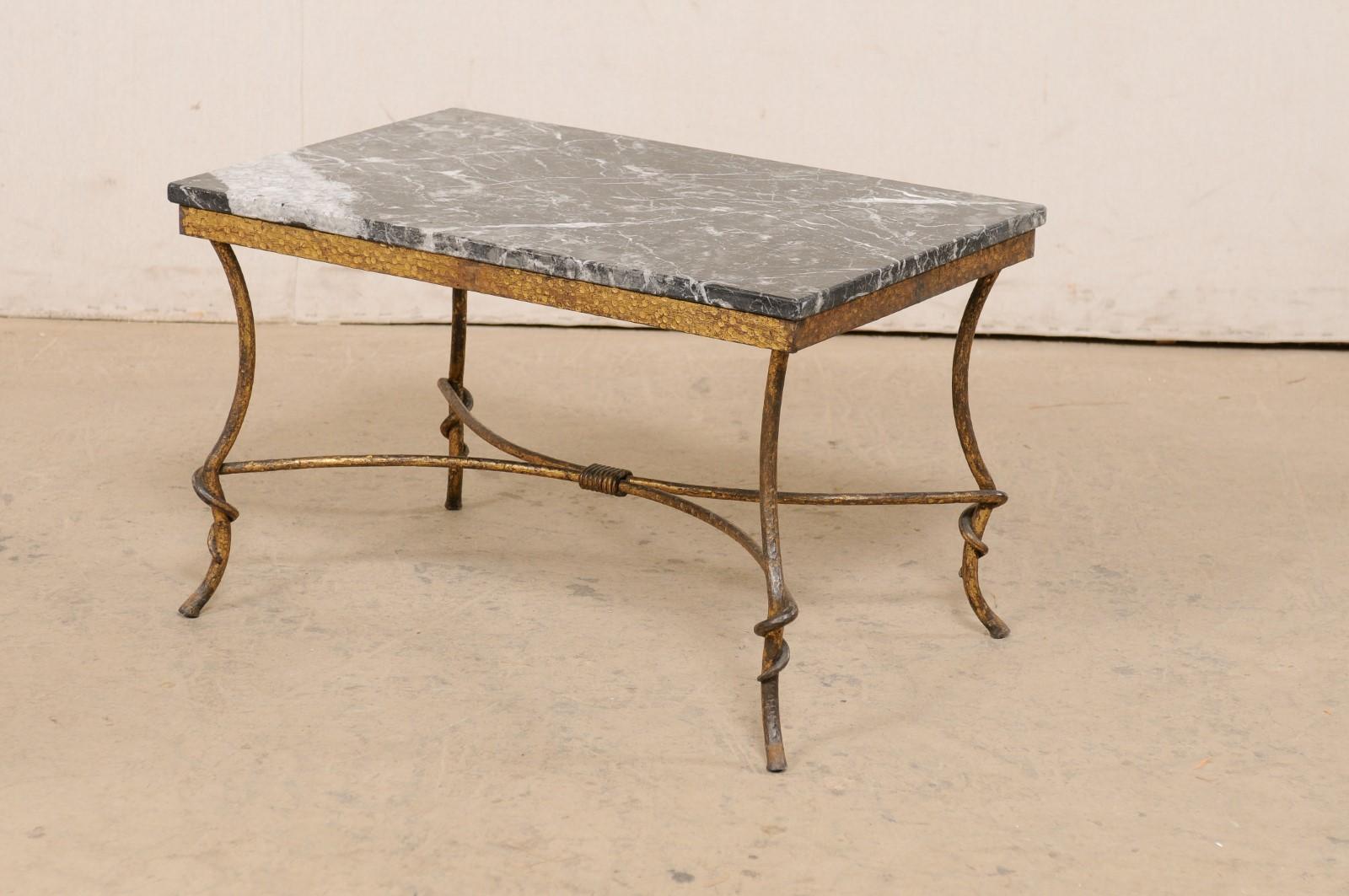 20th Century Spanish Marble-Top Rectangular Coffee Table w/Hammered Gold-Tone Iron Base
