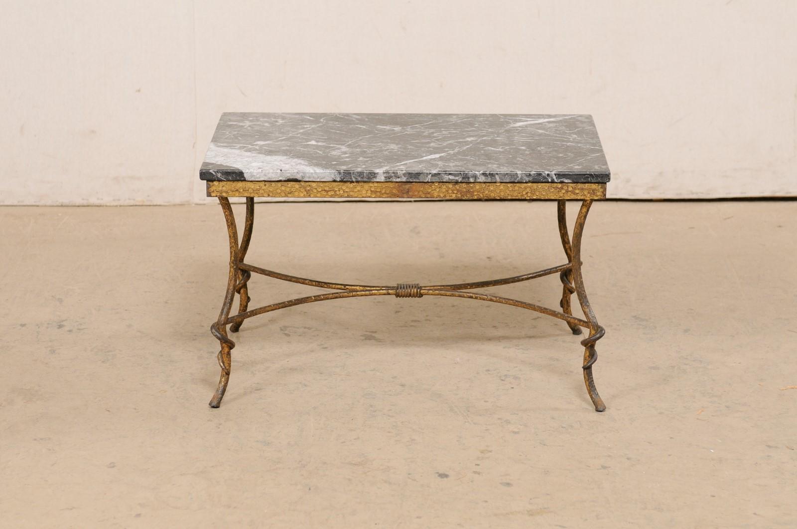 Spanish Marble-Top Rectangular Coffee Table w/Hammered Gold-Tone Iron Base For Sale 2