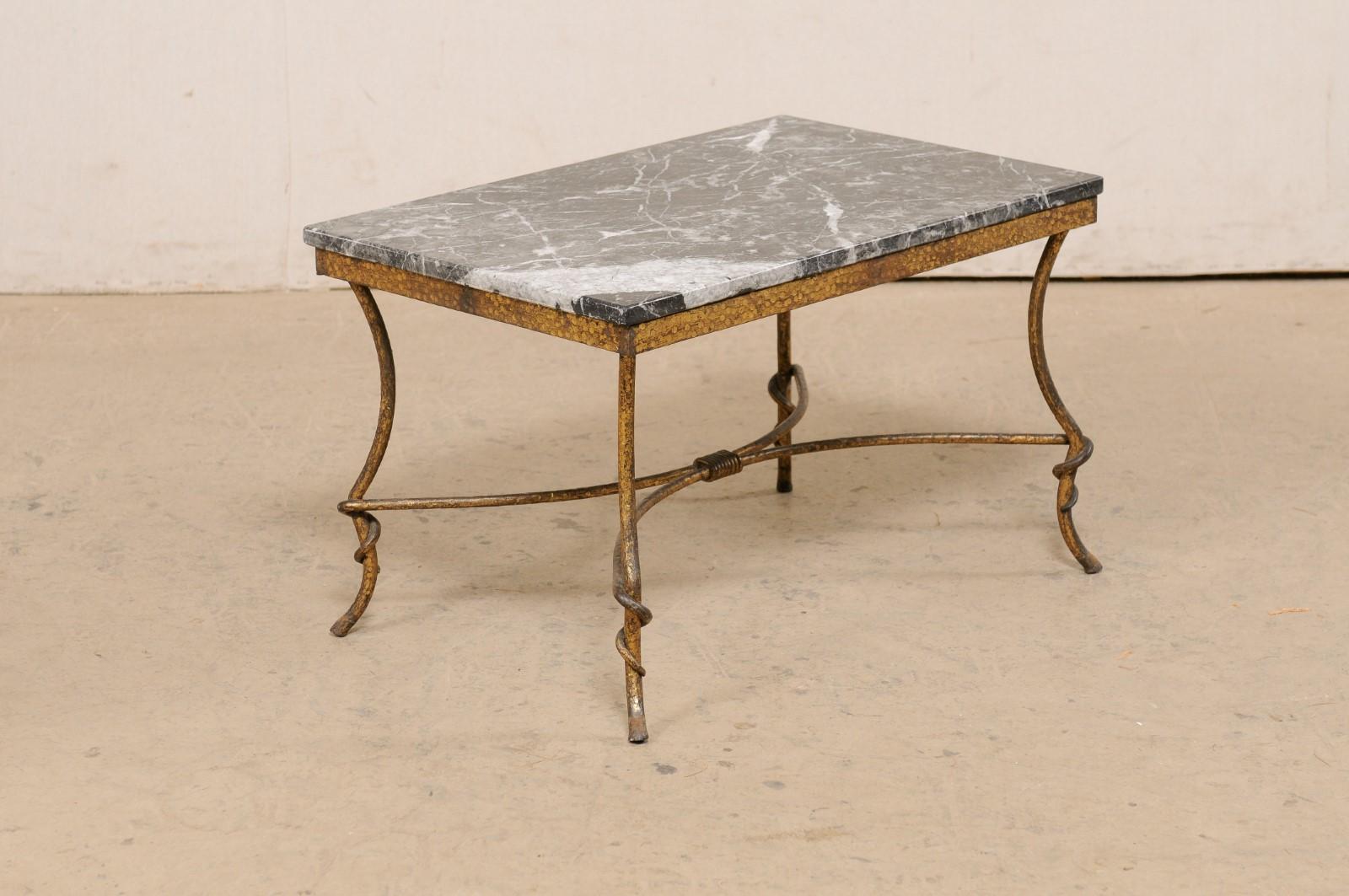 Spanish Marble-Top Rectangular Coffee Table w/Hammered Gold-Tone Iron Base For Sale 3