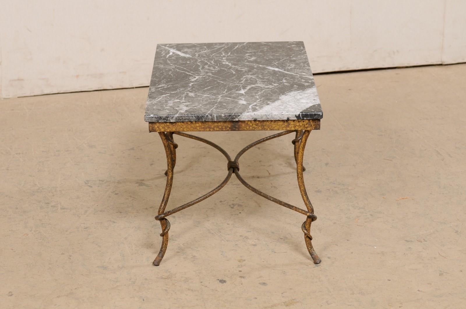 Spanish Marble-Top Rectangular Coffee Table w/Hammered Gold-Tone Iron Base For Sale 4