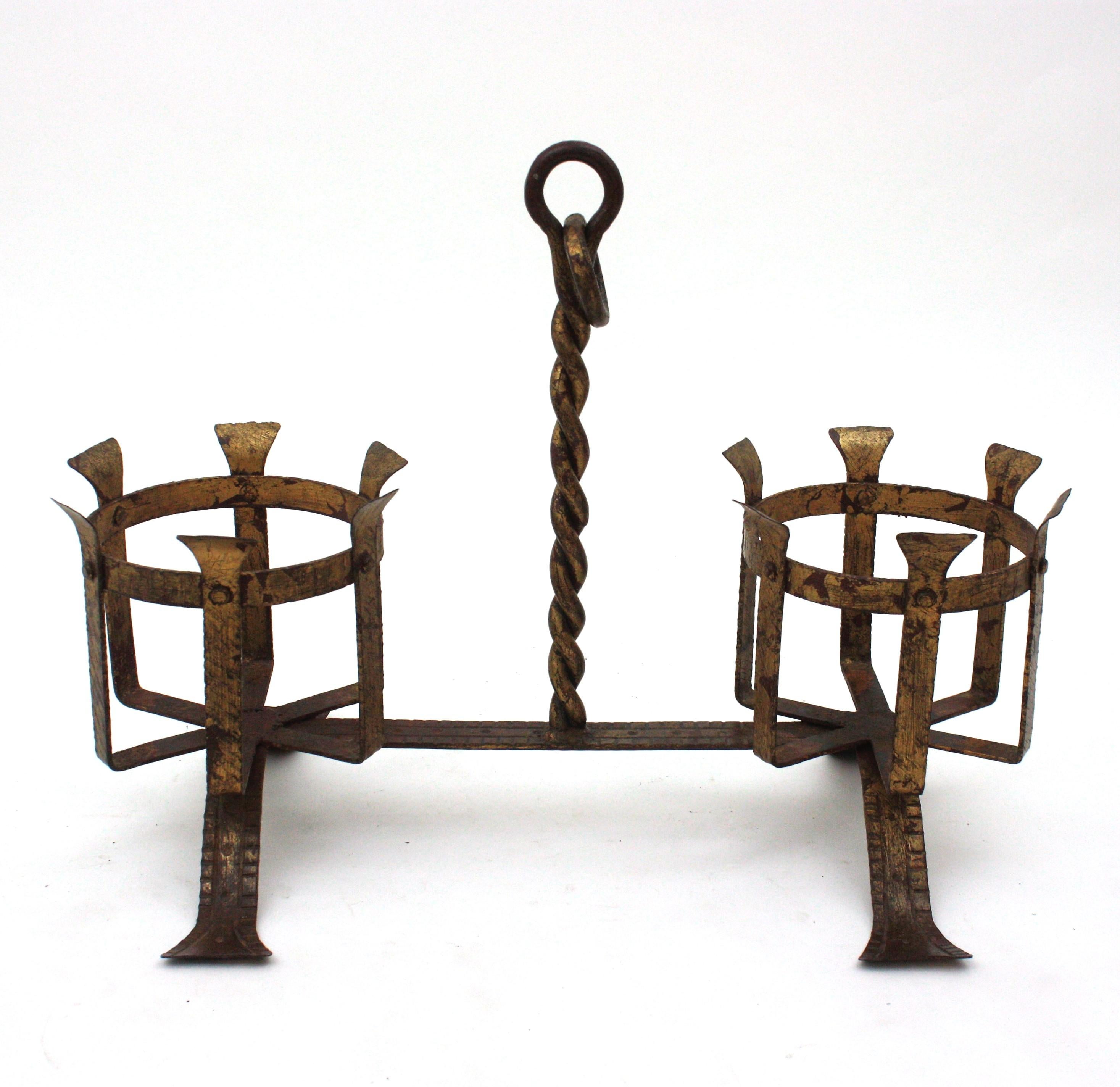 20th Century Spanish Medieval Double Planter Jardinière in Gilt Wrought Iron For Sale