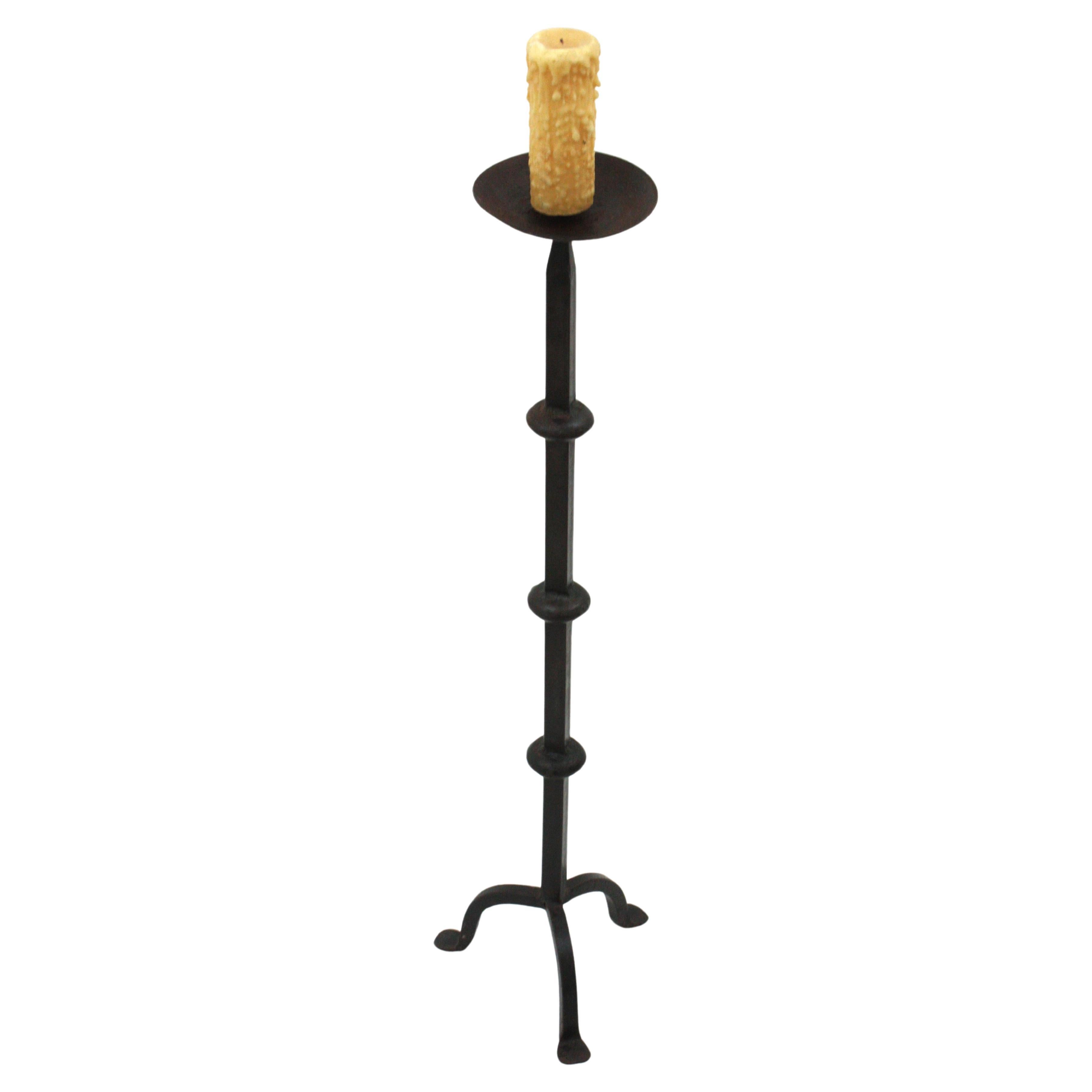 Spanish Medieval Hand Forged Iron Candle Stand / Floor Candle Holder For Sale
