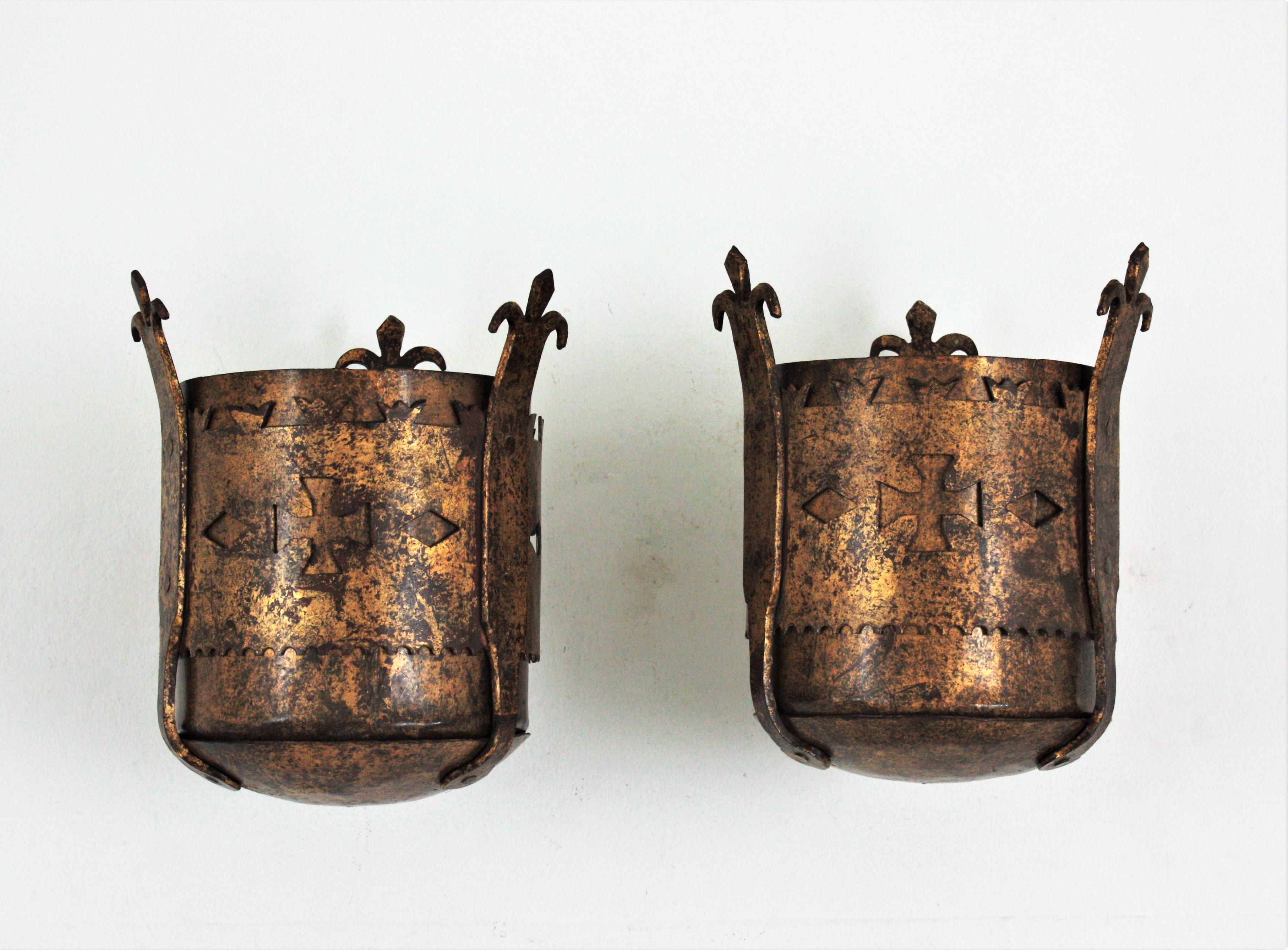 Wrought Iron Spanish Medieval Style Wall Sconces in Gilt Hand Forged Iron For Sale