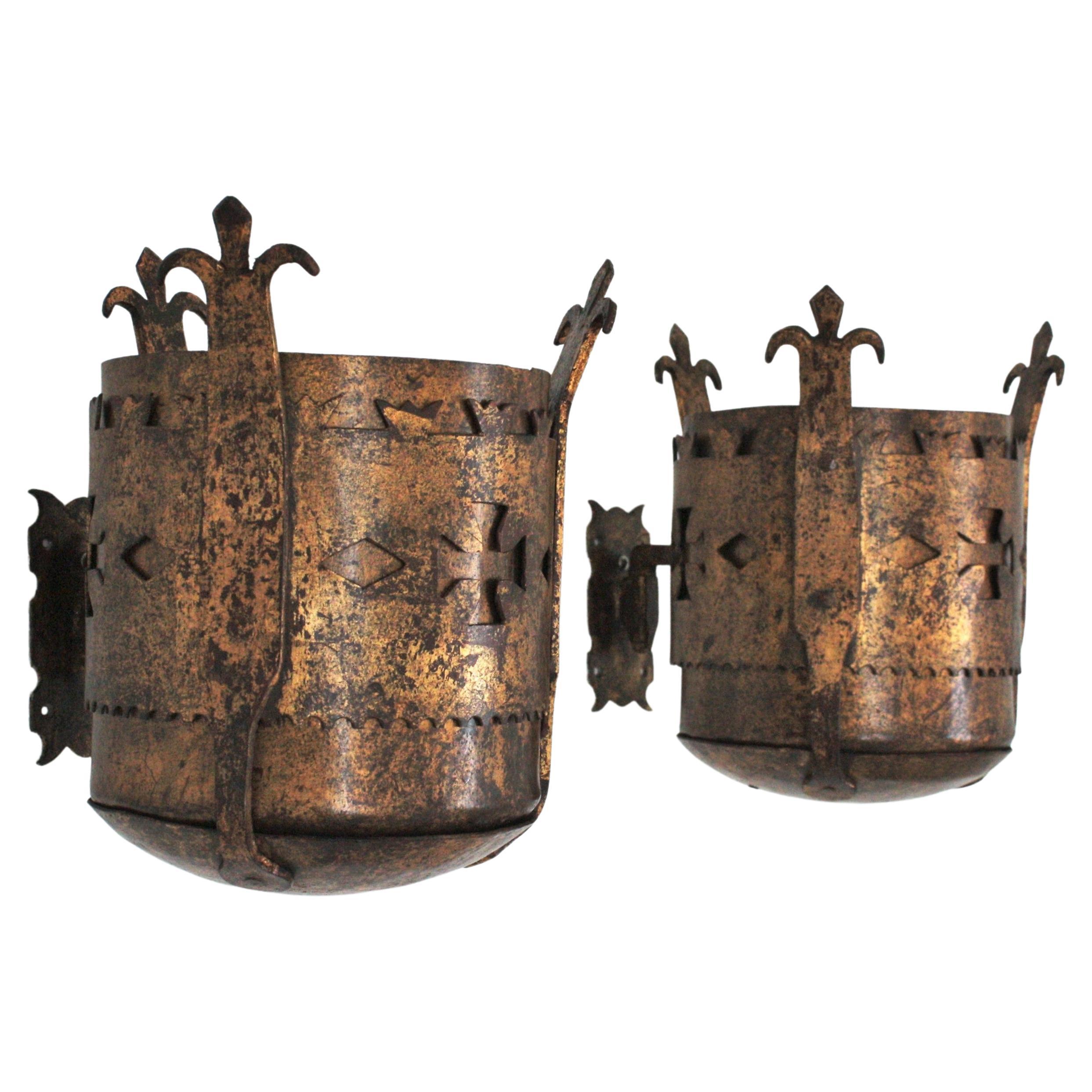 Spanish Medieval Style Wall Sconces in Gilt Hand Forged Iron For Sale