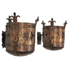 Spanish Medieval Style Wall Sconces in Gilt Hand Forged Iron