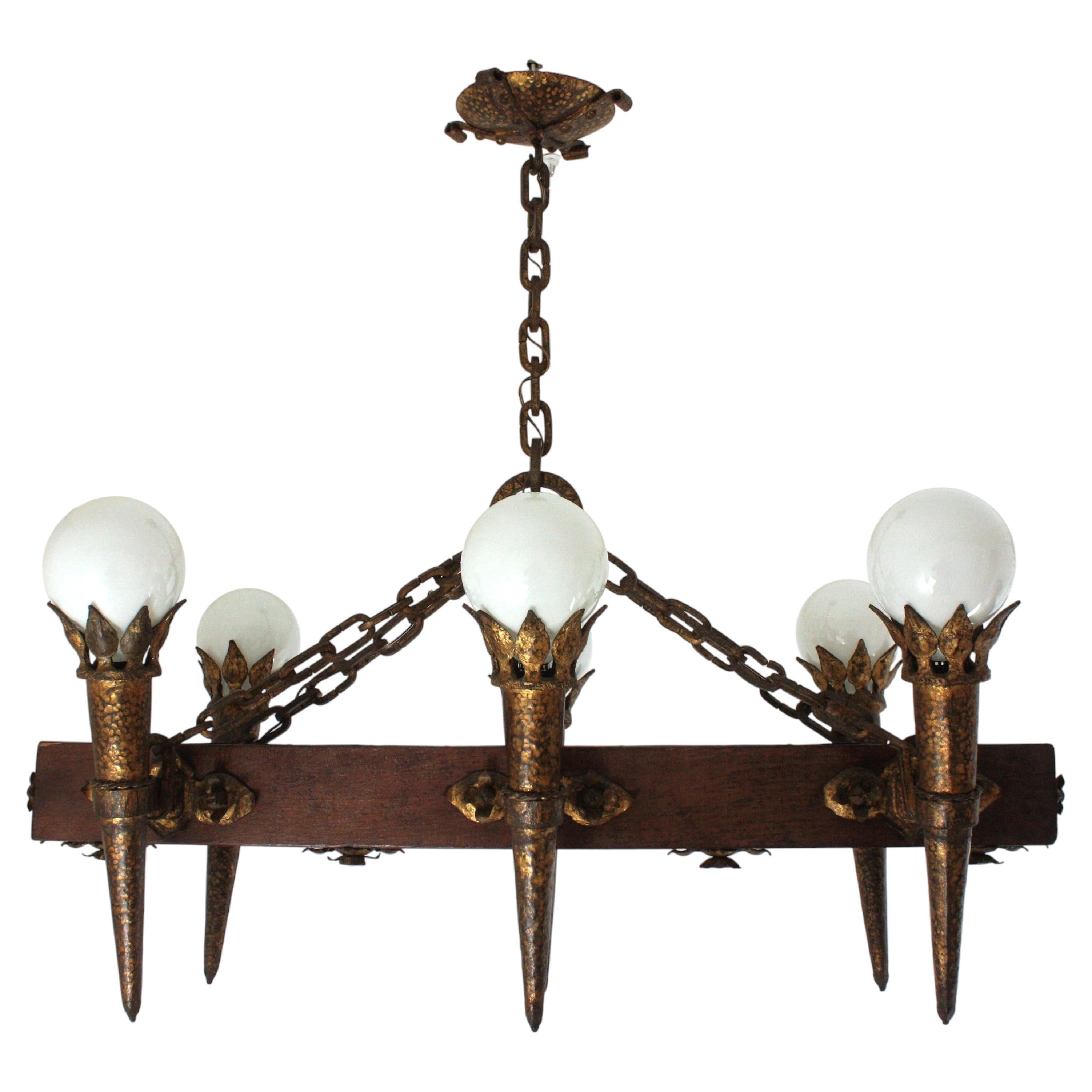 Spanish Medieval Torch Chandelier in Gilt Wrought Iron and Wood, Six ...