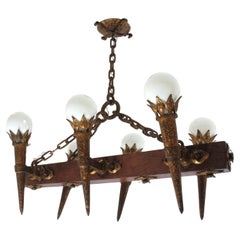 Spanish Medieval Torch Chandelier in Gilt Wrought Iron and Wood, Six Lights
