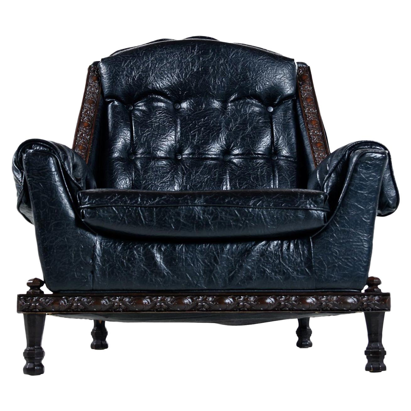 Spanish Mediterranean Style Black Tufted Vinyl Recliner Lounge Chair