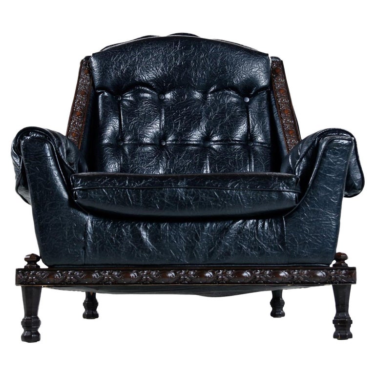 Spanish Mediterranean Style Black Tufted Vinyl Recliner Lounge Chair at