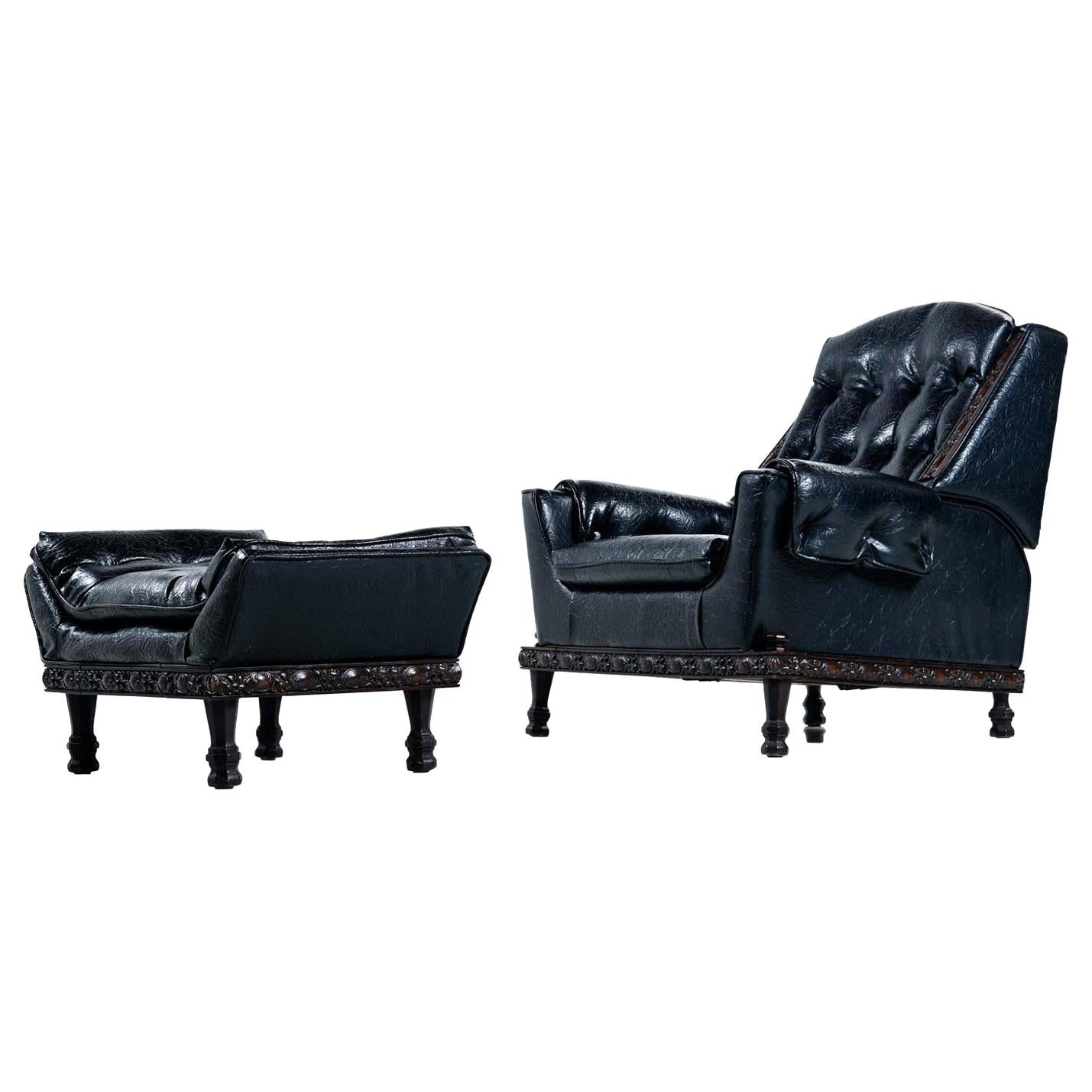 Spanish Meditteranean Style Black Tufted Vinyl Recliner Lounge Chair and Ottoman