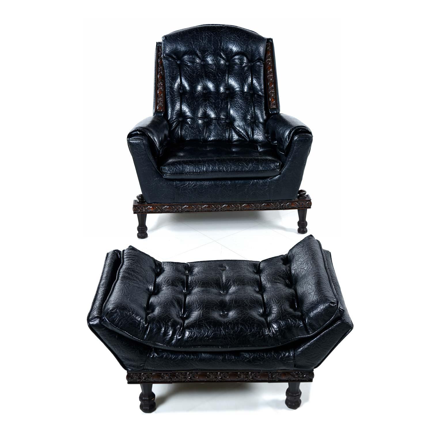 If you are looking for the perfect chair for your man cave, look no more. This thing oozes machismo with it’s original, heavily textured black vinyl upholstery and ornately carved solid wood trim. This handsome recliner isn’t all looks. The wide,
