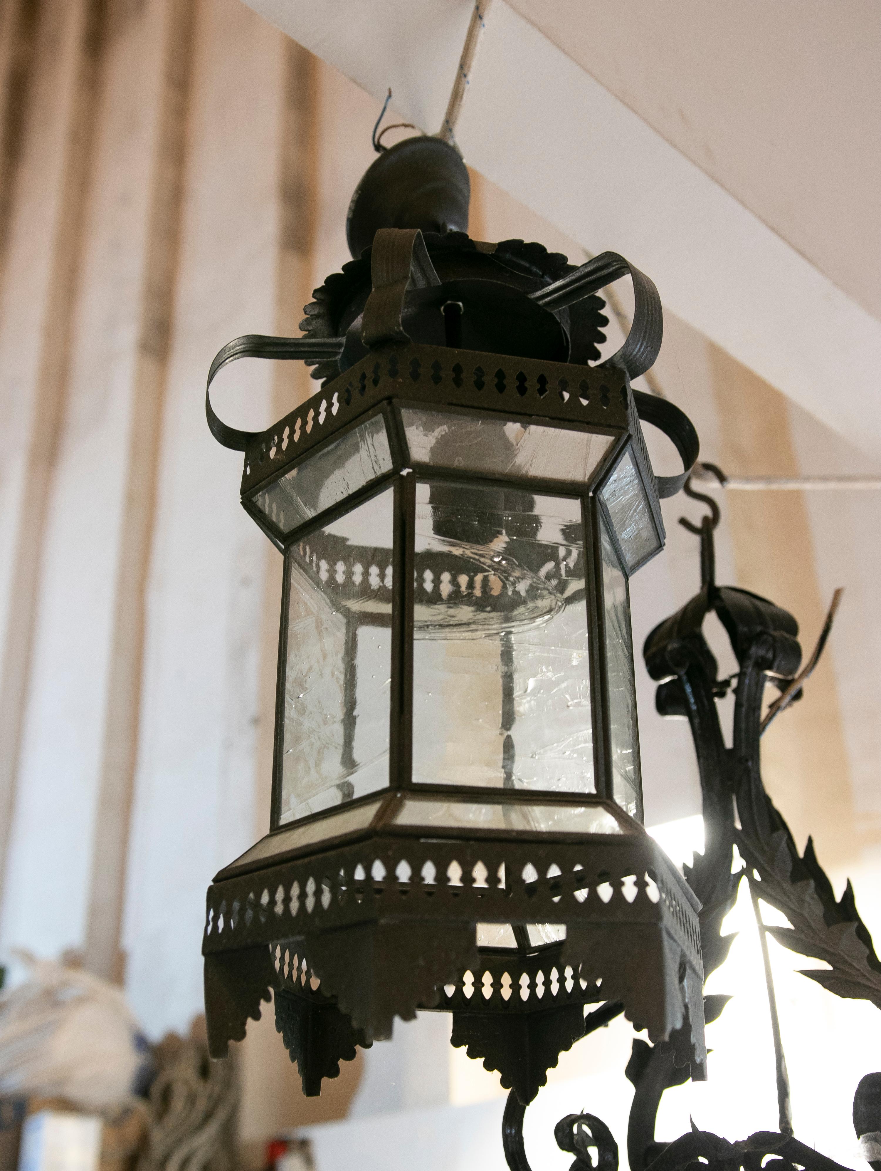 Spanish metal Lantern with translucent black painted glass.