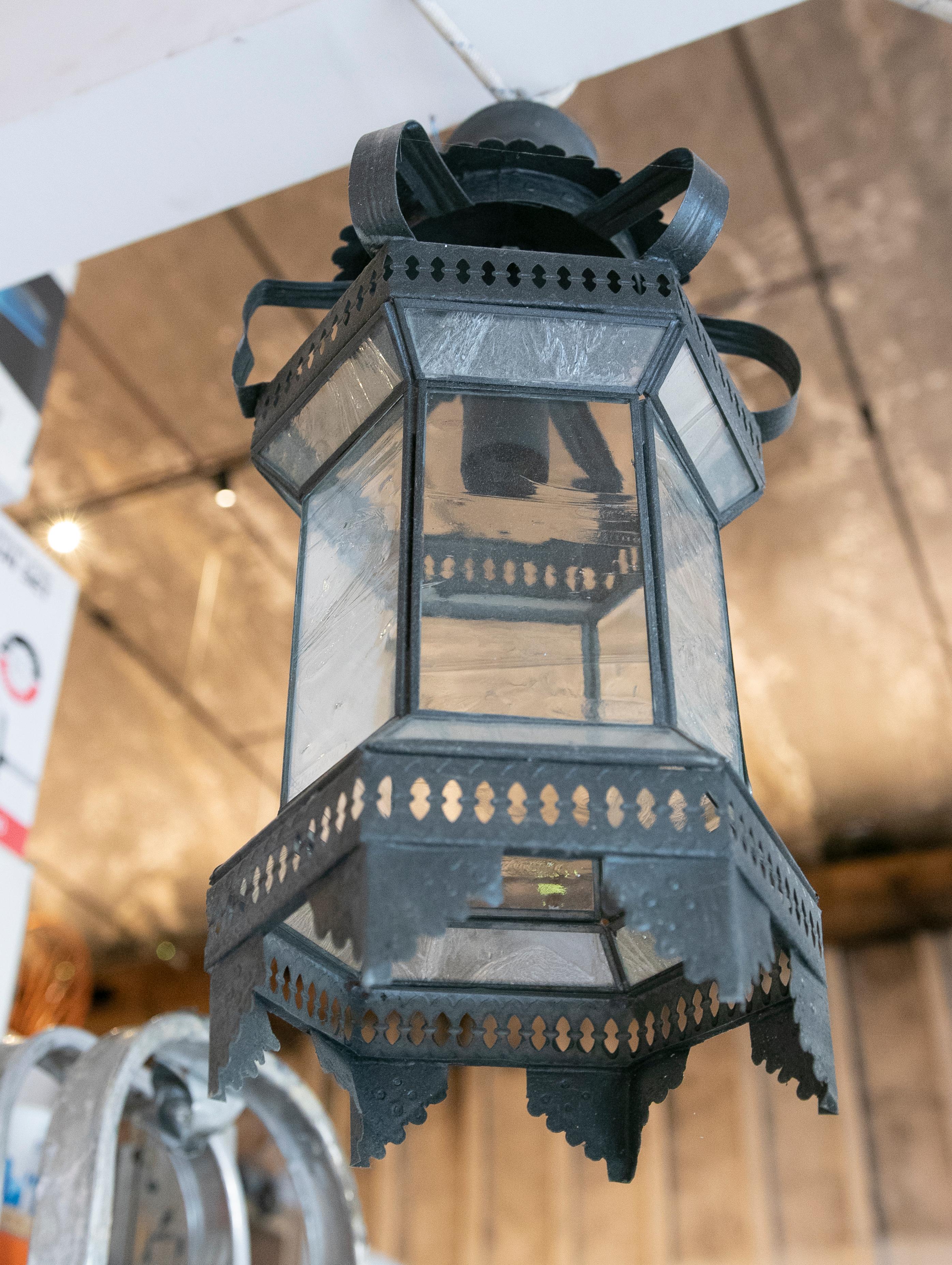 Spanish Metal Lantern with Translucent Black Painted Glass In Good Condition For Sale In Marbella, ES