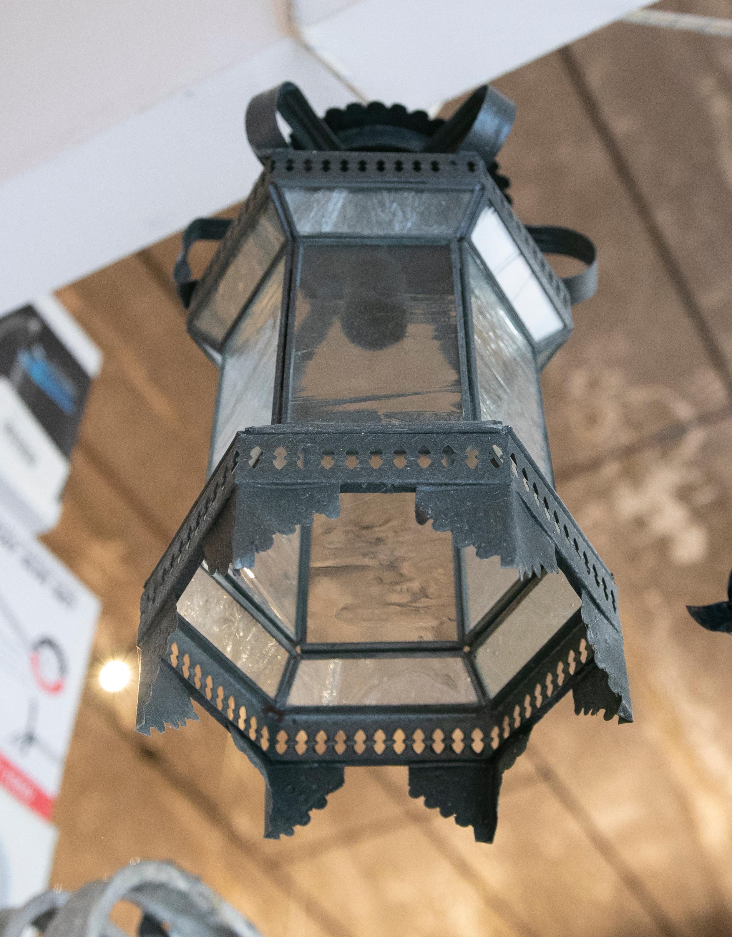 20th Century Spanish Metal Lantern with Translucent Black Painted Glass For Sale