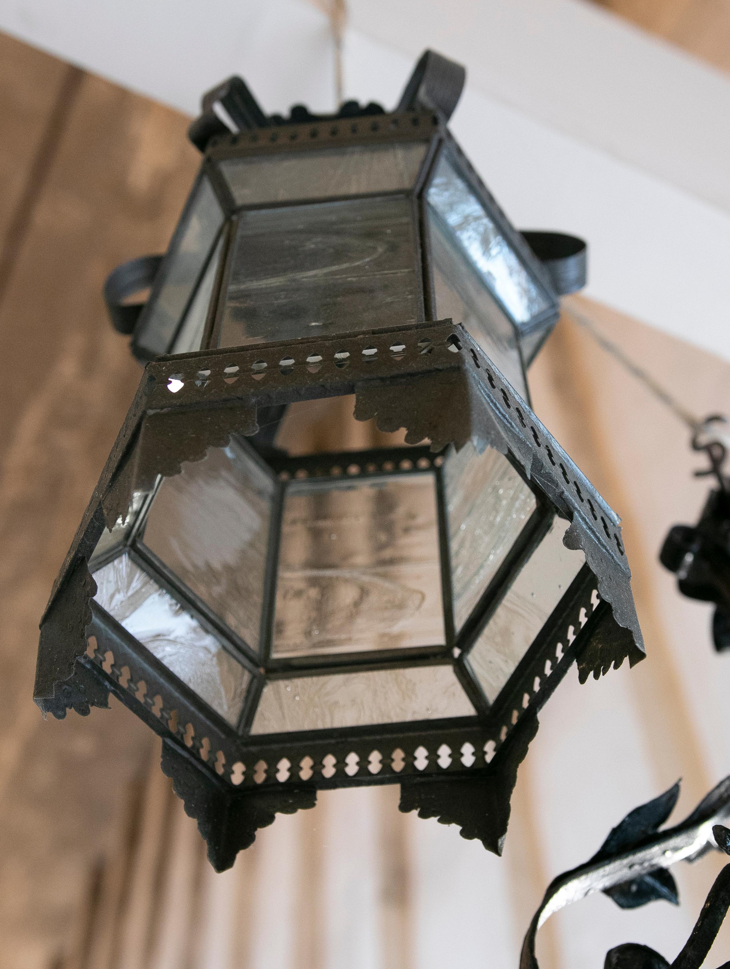 Spanish Metal Lantern with Translucent Black Painted Glass For Sale 3