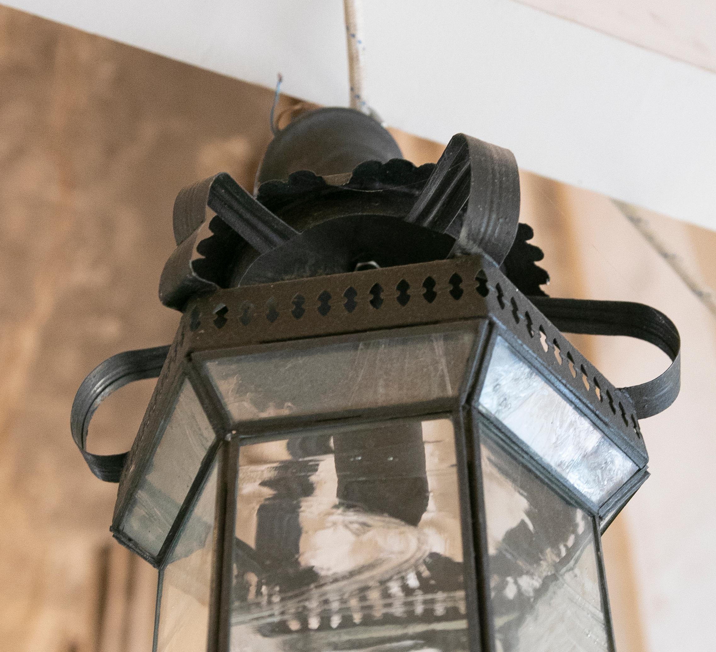 Spanish Metal Lantern with Translucent Black Painted Glass For Sale 4