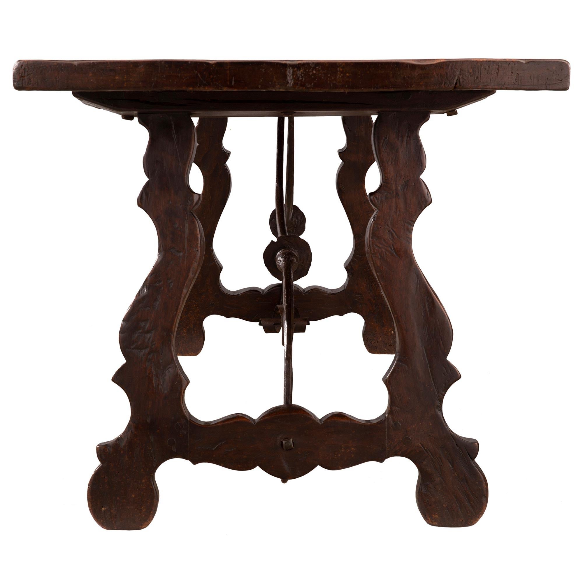 Wrought Iron Spanish Mid-19th Century Country Style Dark Oak Trestle Dining/Center Table For Sale