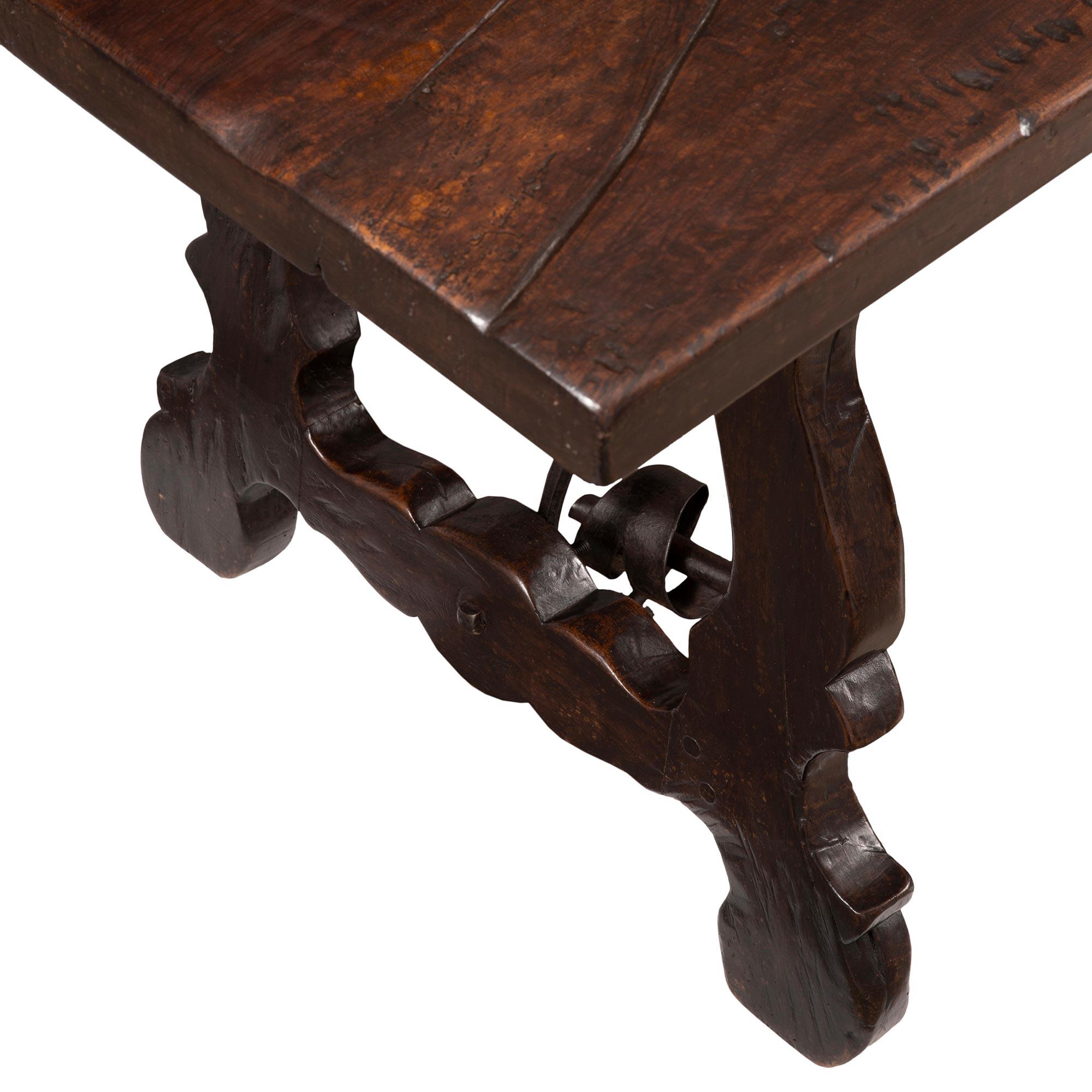 Spanish Mid-19th Century Country Style Dark Oak Trestle Dining/Center Table For Sale 1