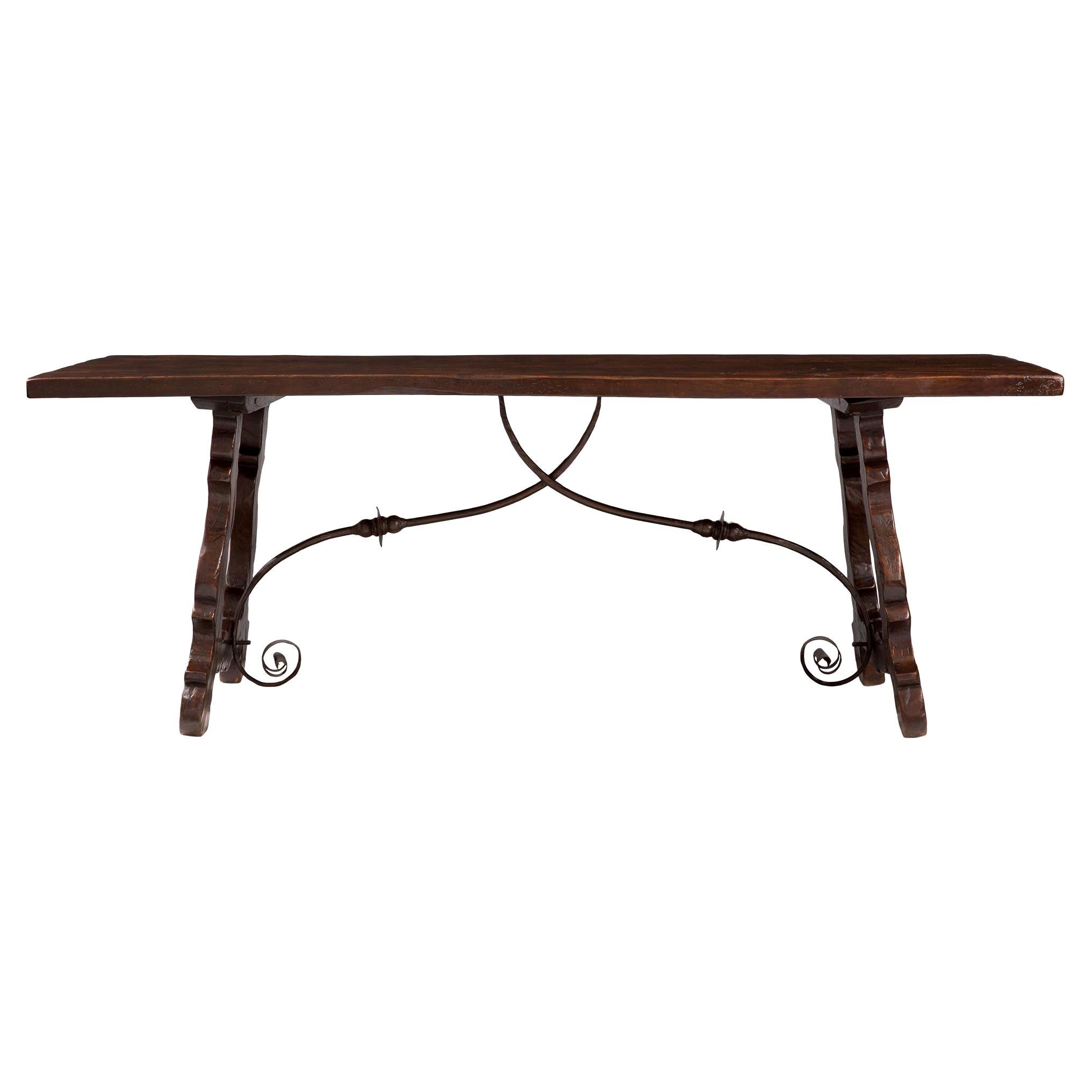 Spanish Mid-19th Century Country Style Dark Oak Trestle Dining/Center Table For Sale