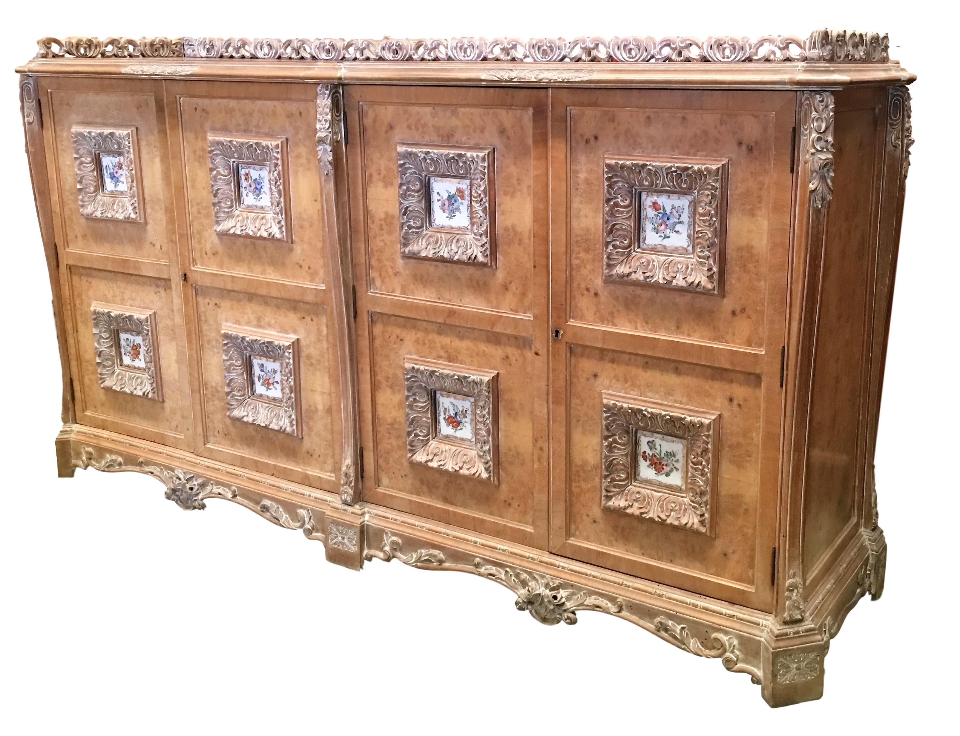 Spanish Colonial Spanish Mid-20th Carved Sideboard with Four Decorated Ceramic Panels in Doors