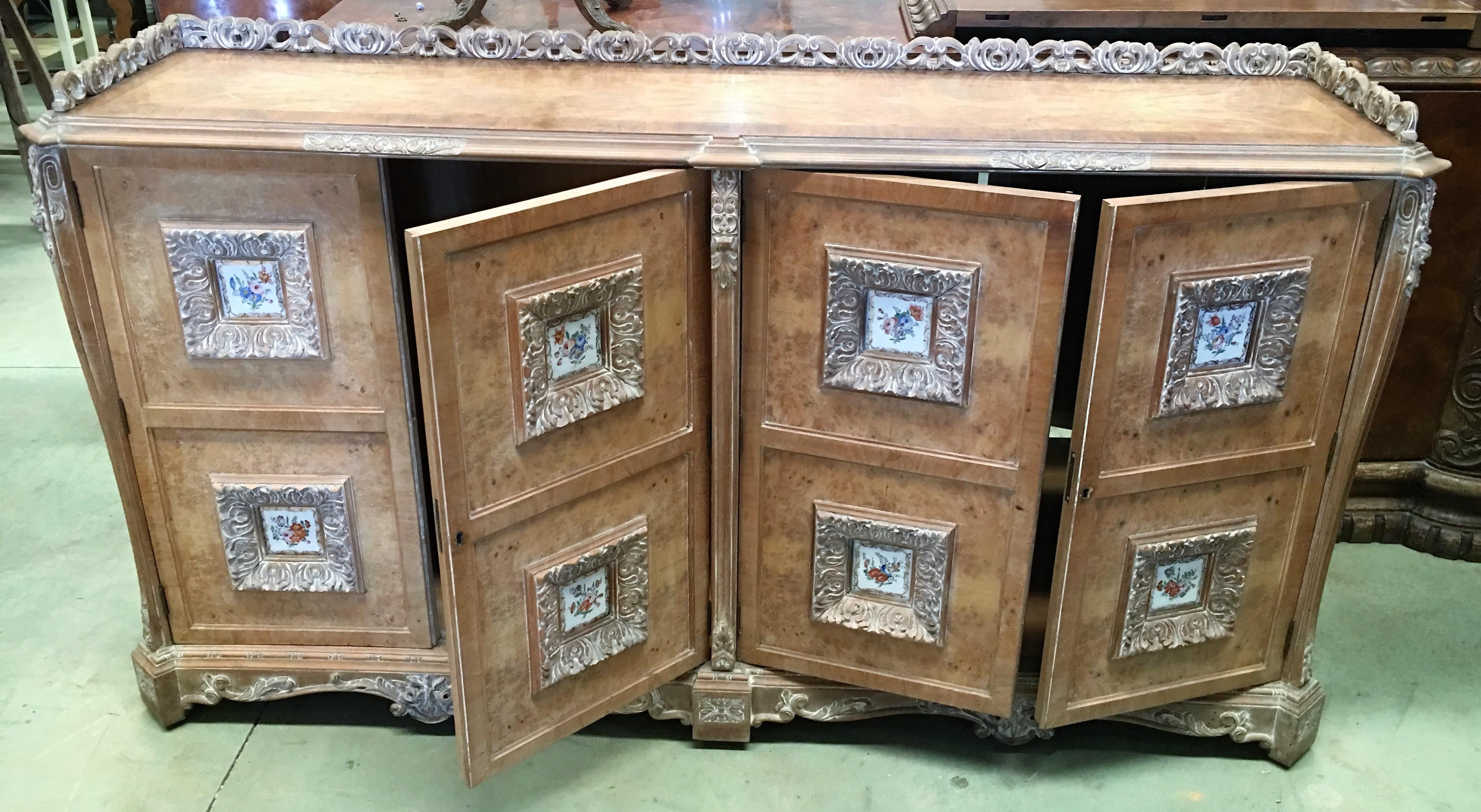 20th Century Spanish Mid-20th Carved Sideboard with Four Decorated Ceramic Panels in Doors