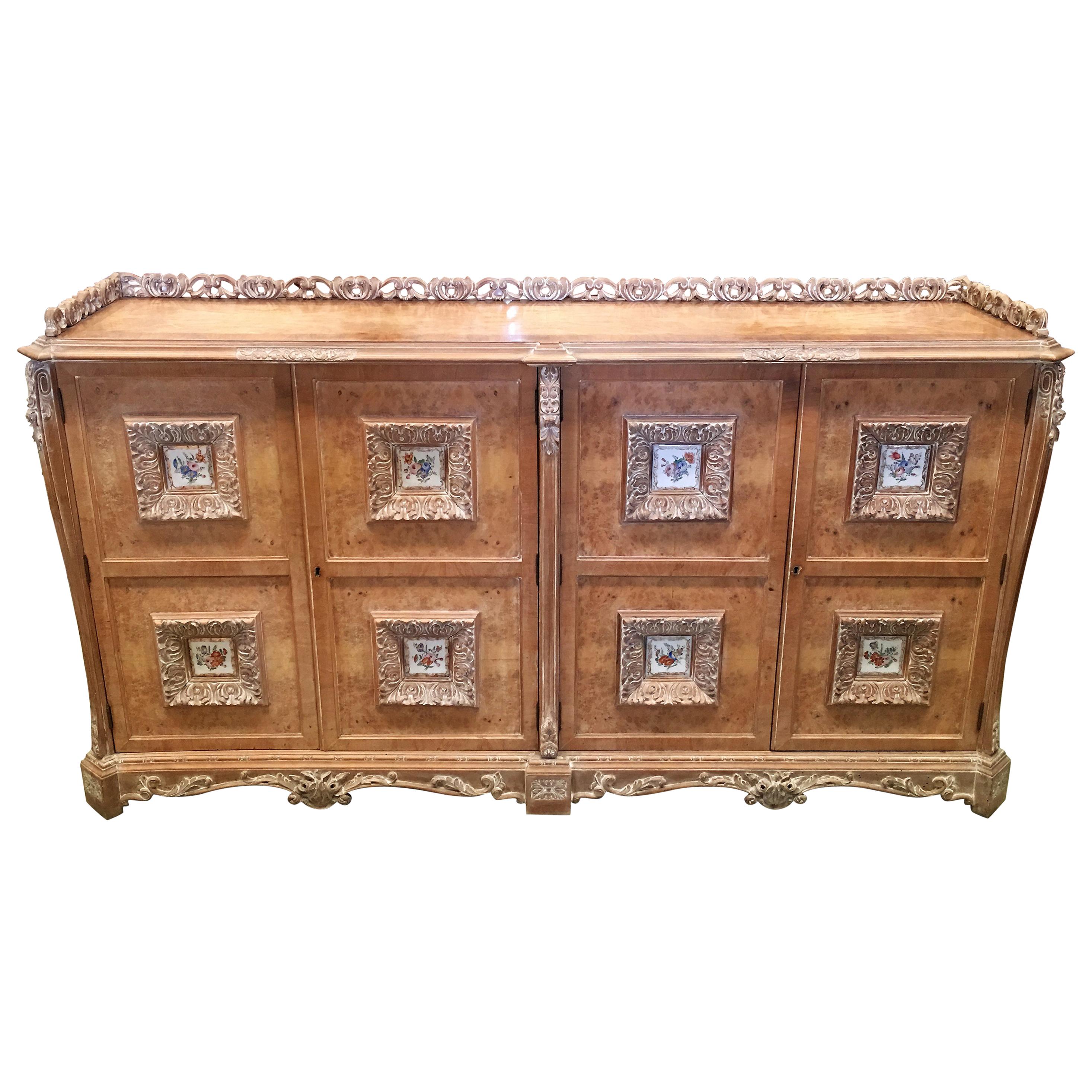 Spanish Mid-20th Carved Sideboard with Four Decorated Ceramic Panels in Doors