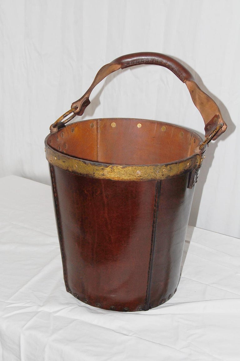 Spanish Mid20th Century Leather Wastebasket with Handle at 1stDibs