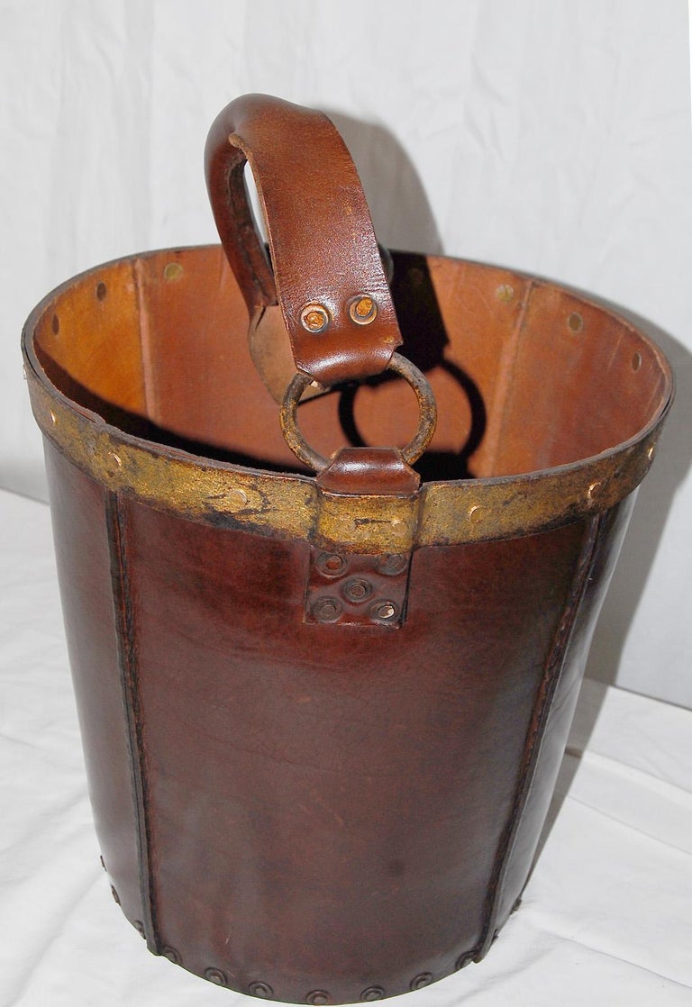 Spanish Mid20th Century Leather Wastebasket with Handle at 1stDibs