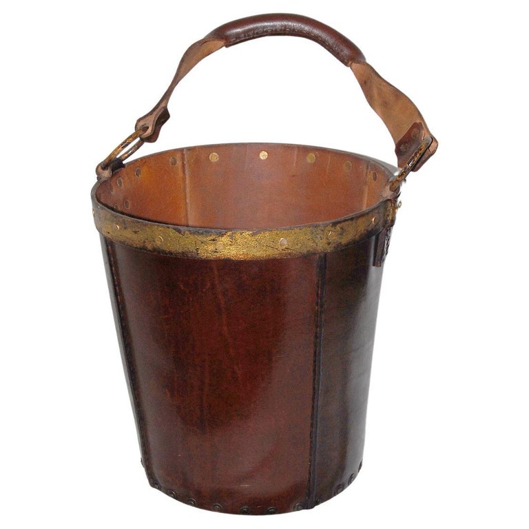 Spanish Mid20th Century Leather Wastebasket with Handle at 1stDibs