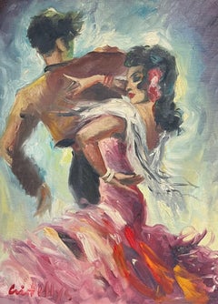 Mid-Century Oil Painting in Ornate Frame Flamenco Dance Scene in Vibrant Colors