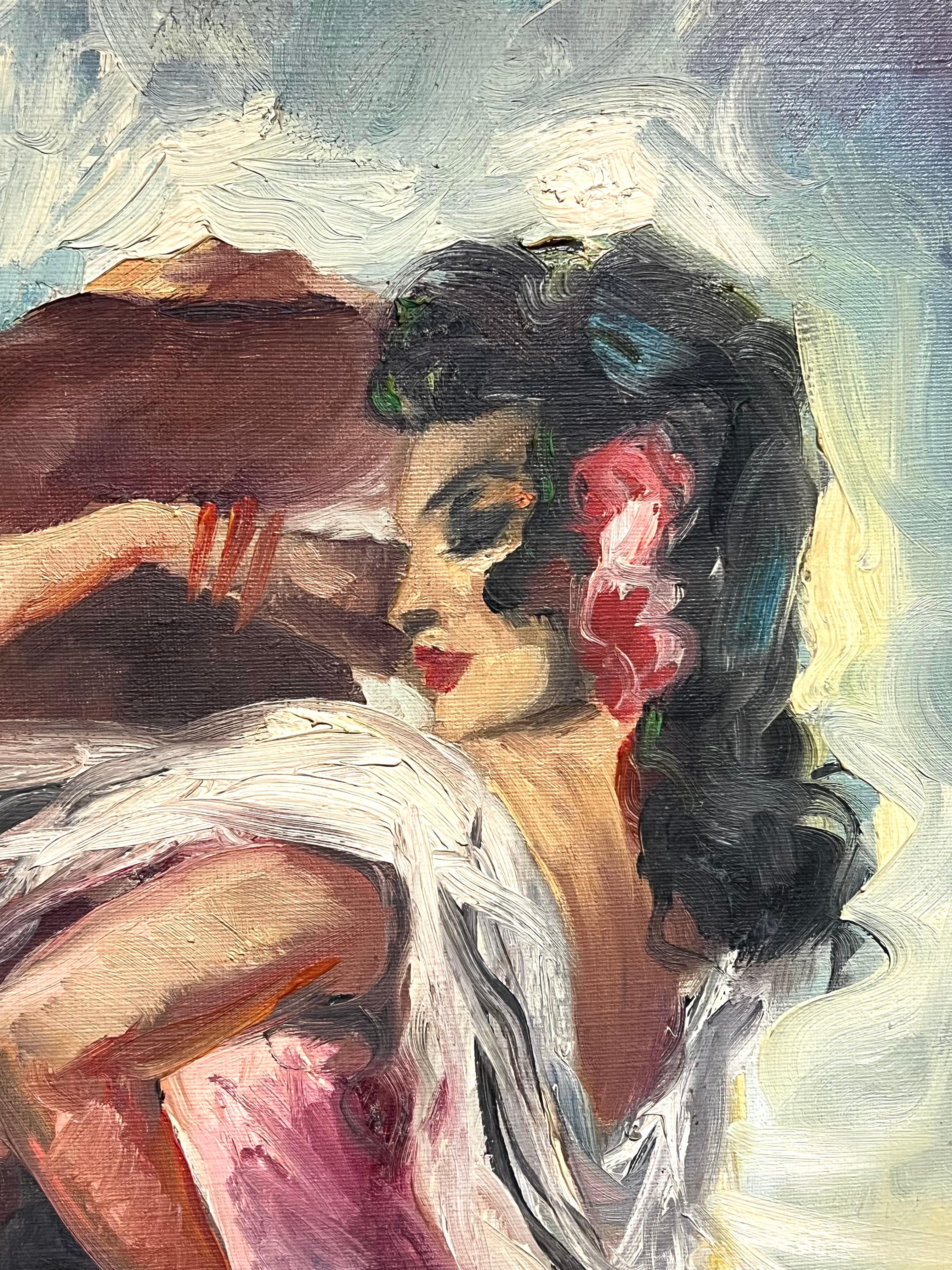 The Dancers
Spanish School, mid 20th century
signed
oil on canvas, framed
inscribed verso
Framed: 32 x 26 inches
Canas: 24 x 18 inches
Provenance: private collection, France
Condition: very good condition 

Description: This captivating mid-century