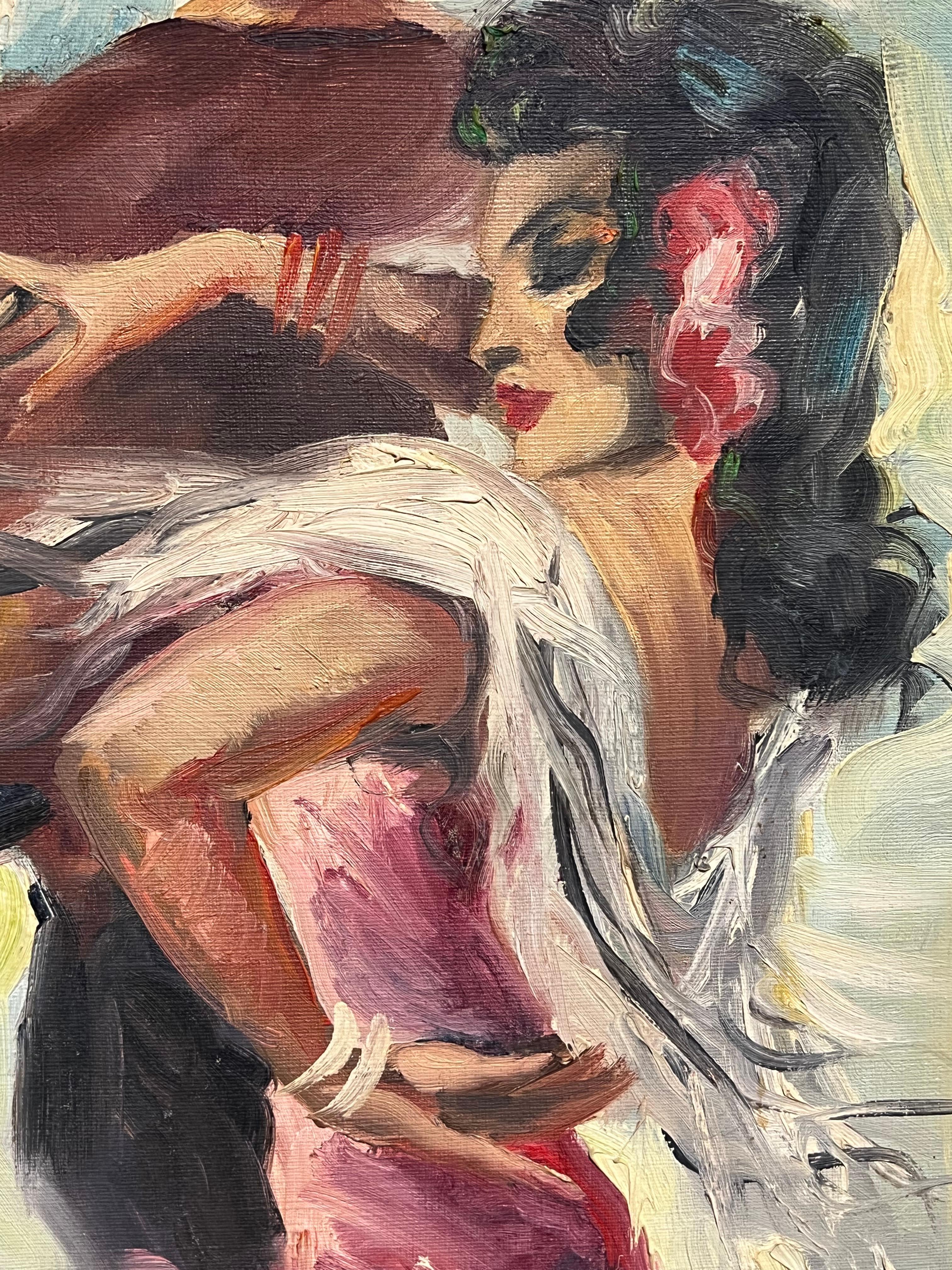 Mid-Century Oil Painting in Ornate Frame Flamenco Dance Scene in Vibrant Colors For Sale 3