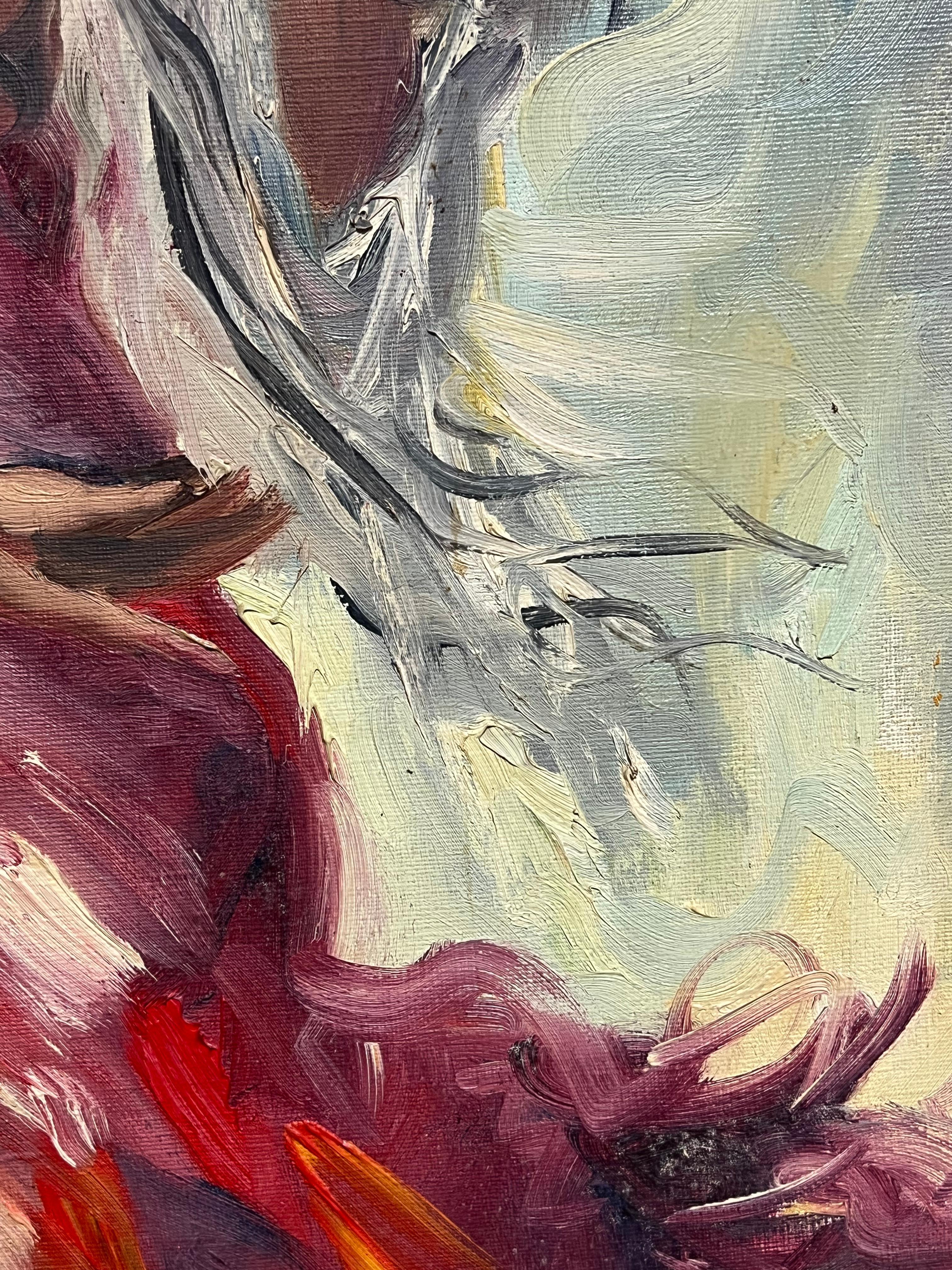 Mid-Century Oil Painting in Ornate Frame Flamenco Dance Scene in Vibrant Colors For Sale 4