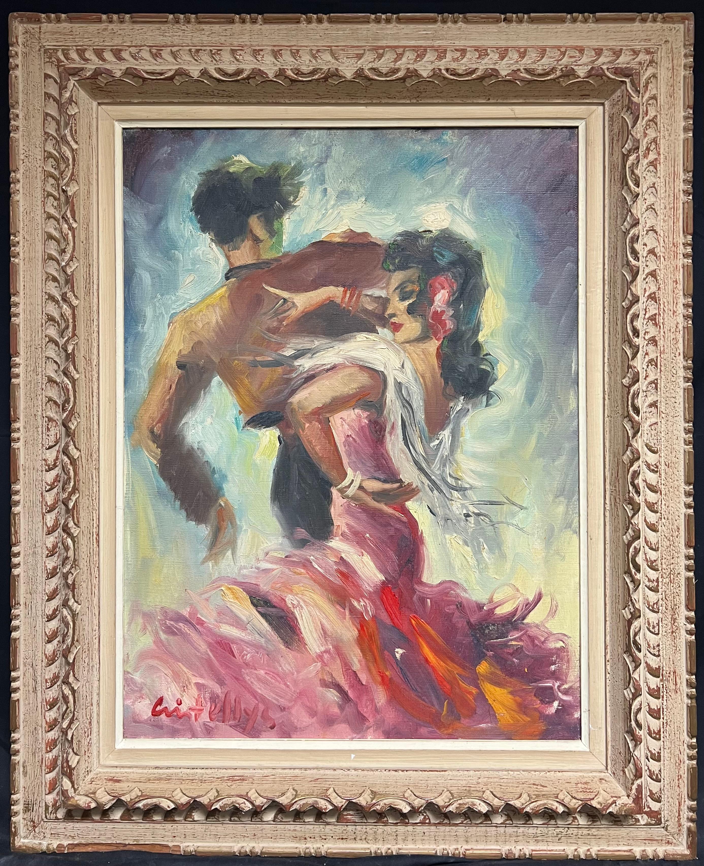 Spanish mid 20th century Figurative Painting - Mid-Century Oil Painting in Ornate Frame Flamenco Dance Scene in Vibrant Colors