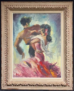 Vintage Mid-Century Oil Painting in Ornate Frame Flamenco Dance Scene in Vibrant Colors